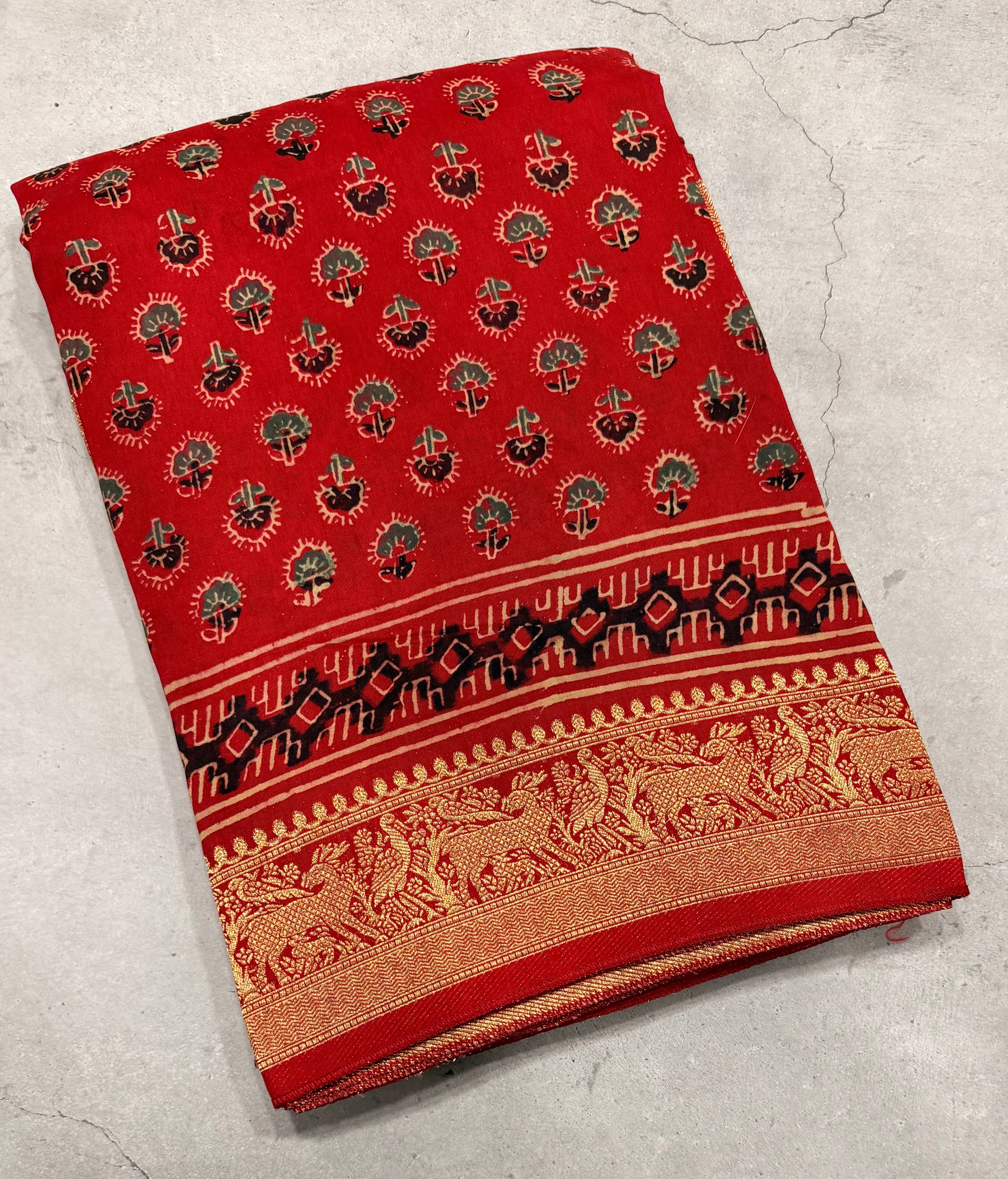 Red small butta Kanchi border pure Ajrak dola sarees