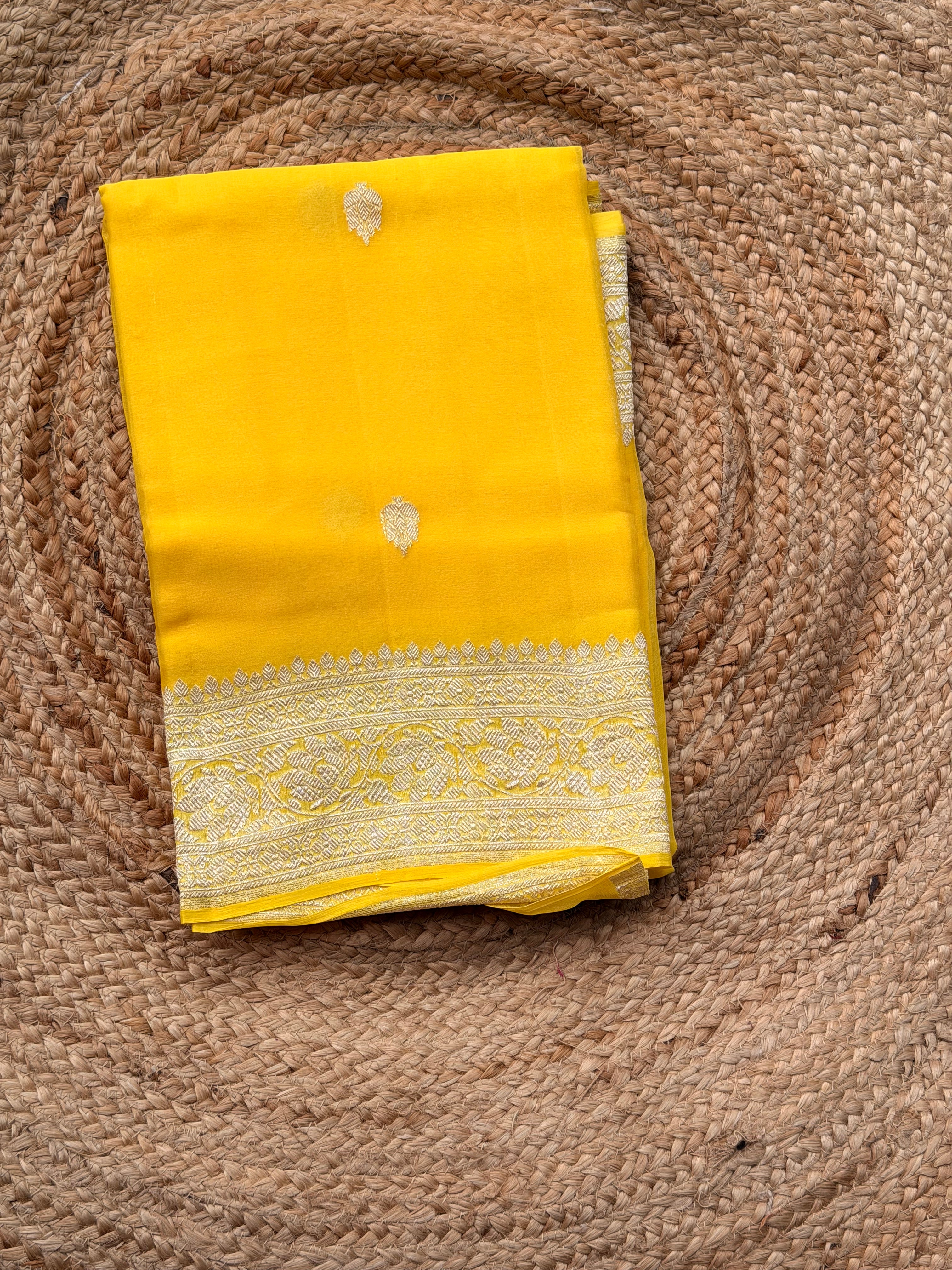Lemon yellow Banarasi pure khadi chiffon saree sliver zari woven
