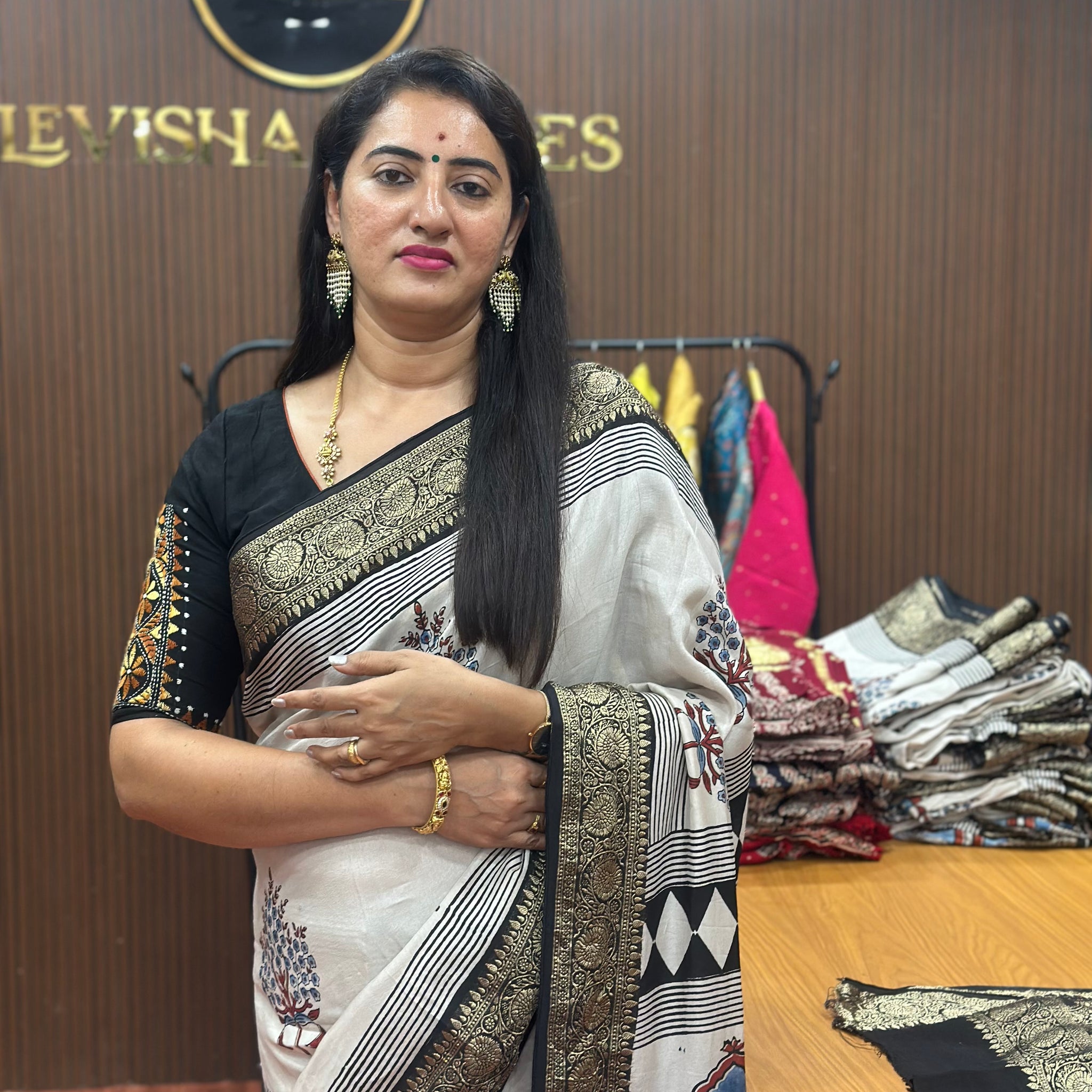 Pure modal dola silk cream and black combination.