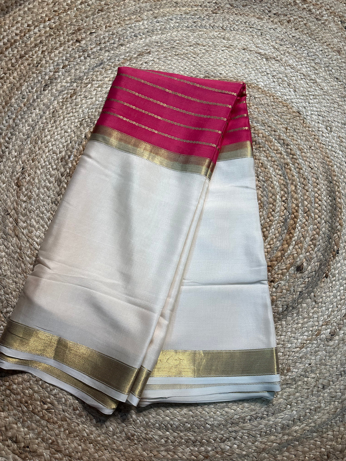 Pink and white central line pure Mysore Silk crepe 100 gsm