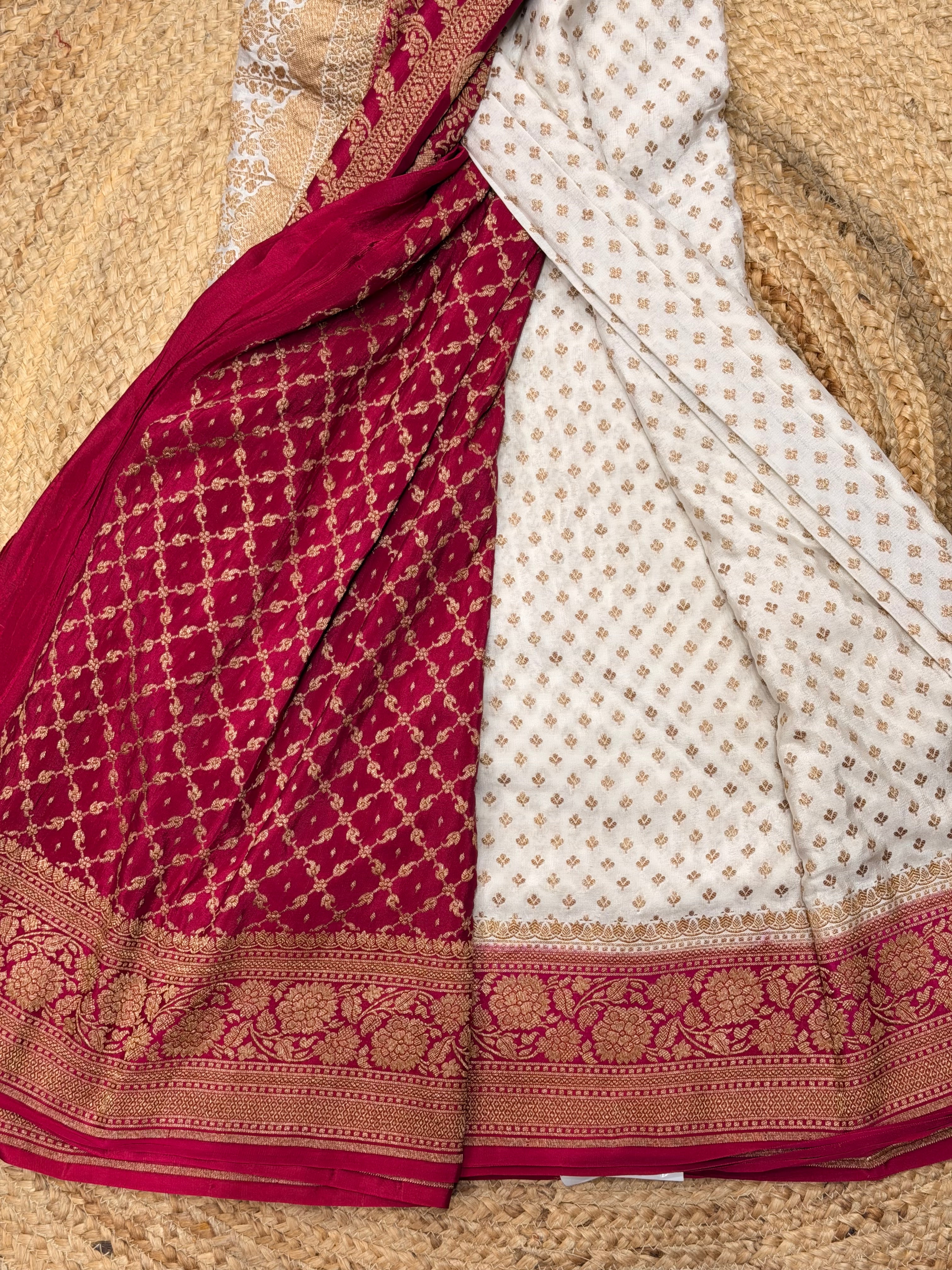 White and pink pure crepe Banaras sarees