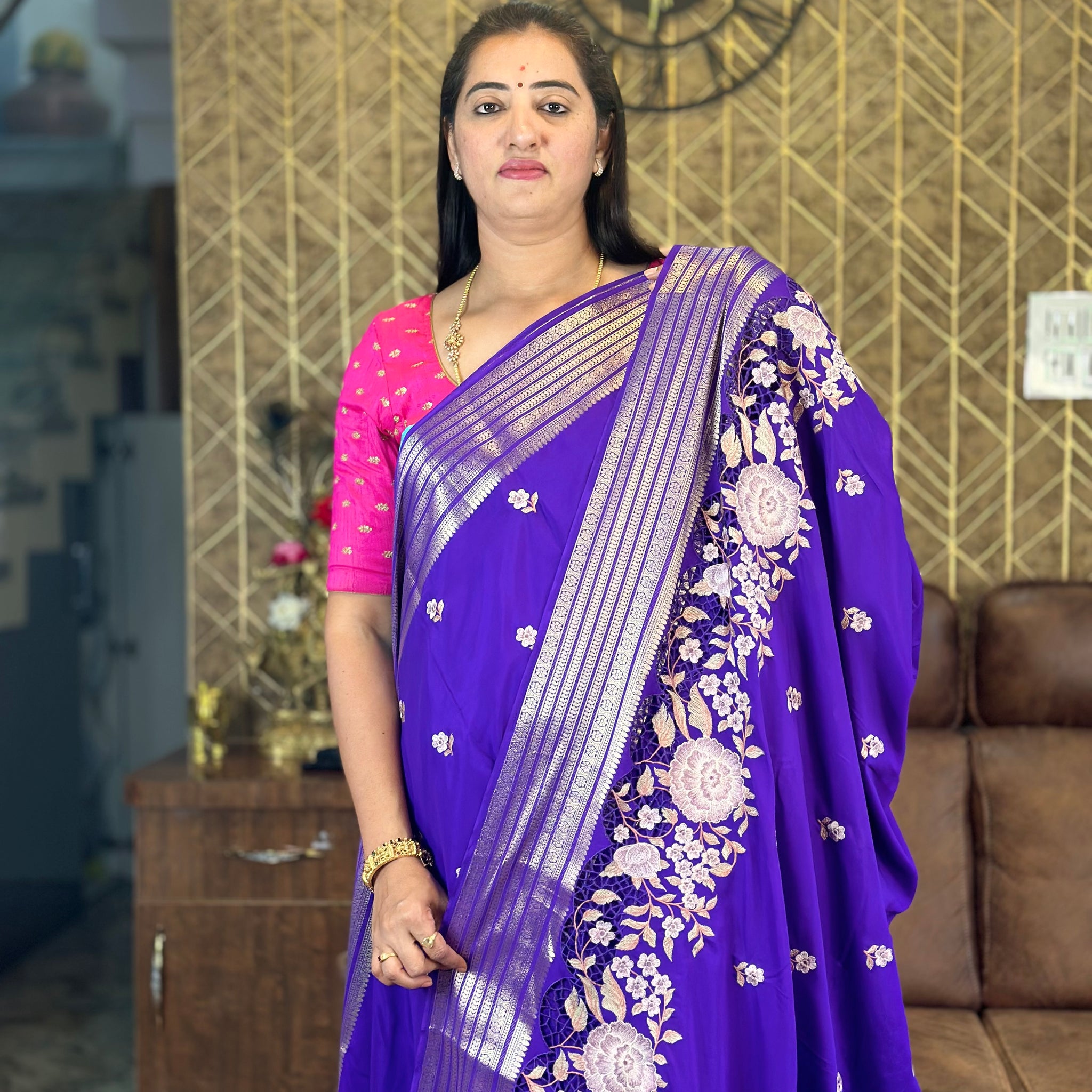 Purple semi cut work crepe sarees.