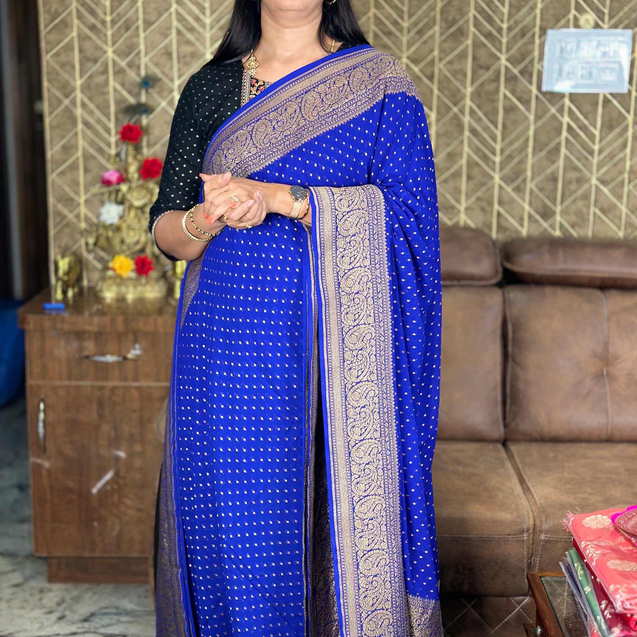 Royal blue pure khaddi Georgette sarees.