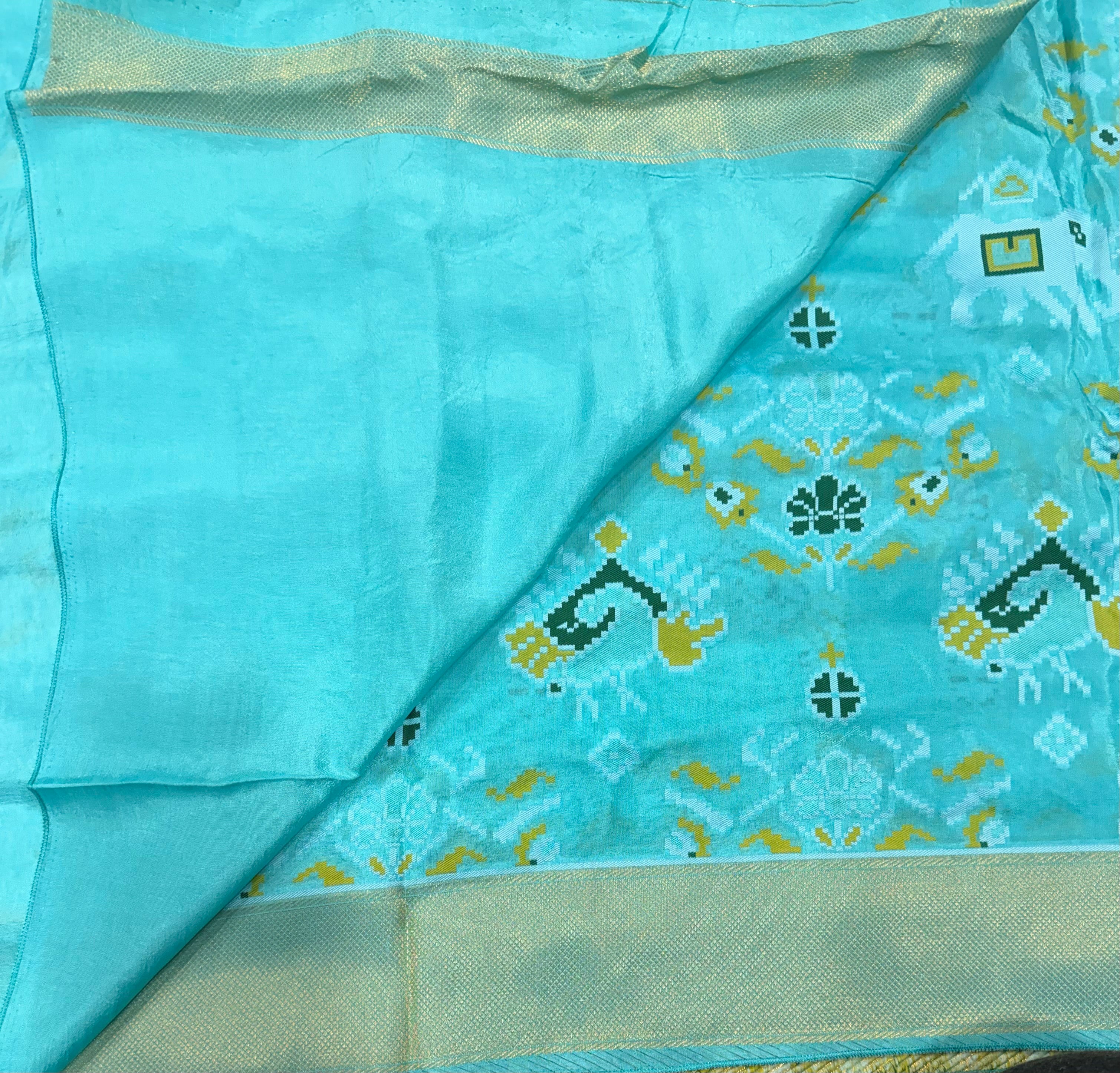 Sea blue small border tusser Paithani saree