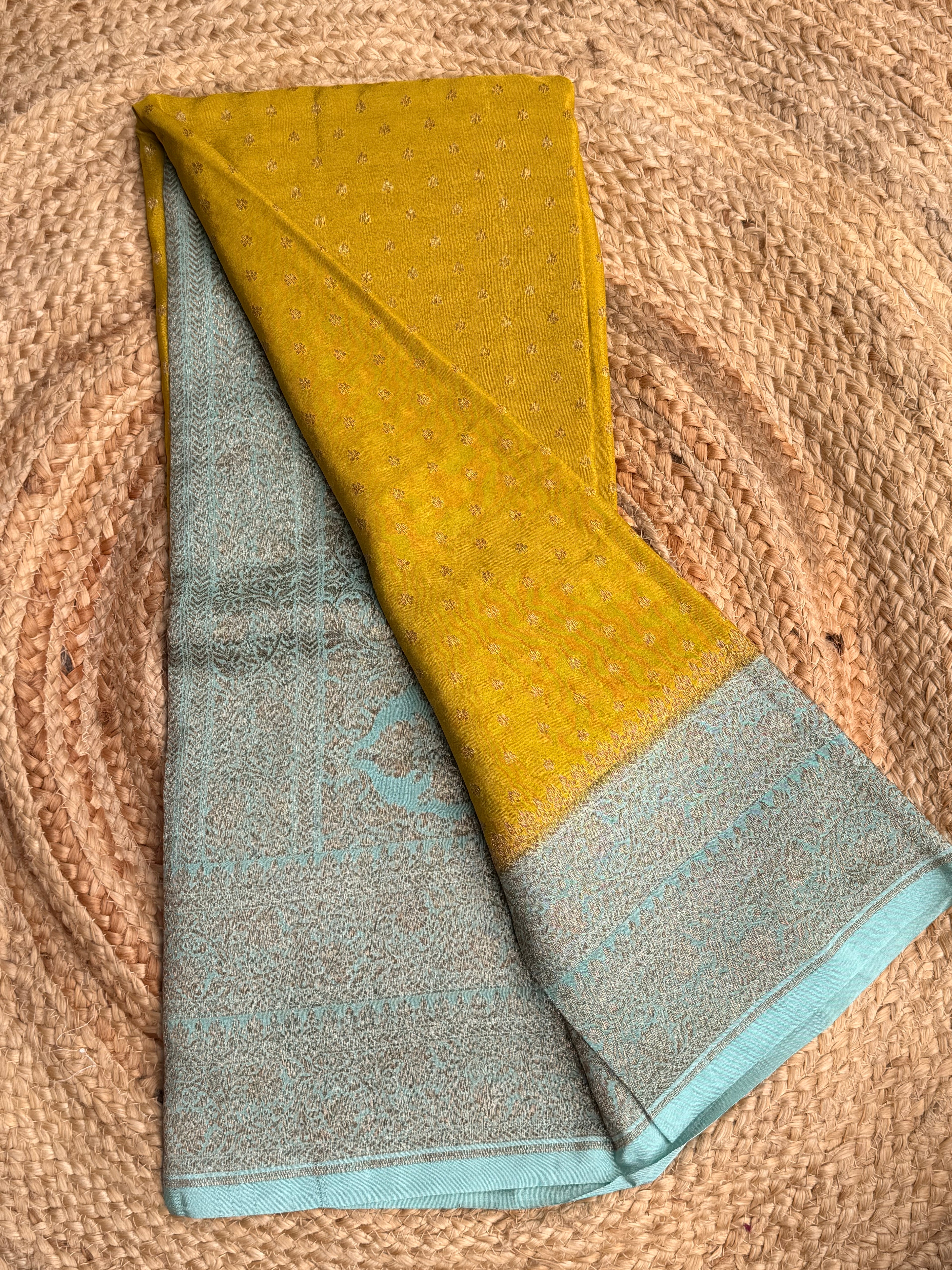 Mehendi green n sea green small butta benarasi crepe saree