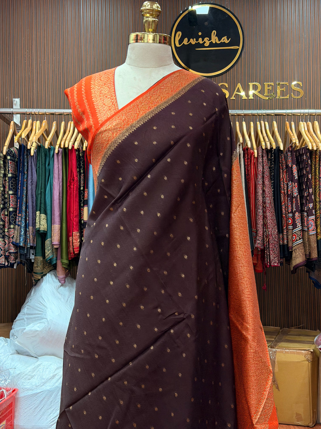 Dark brown contrast small butta Tussar saree (STS107)