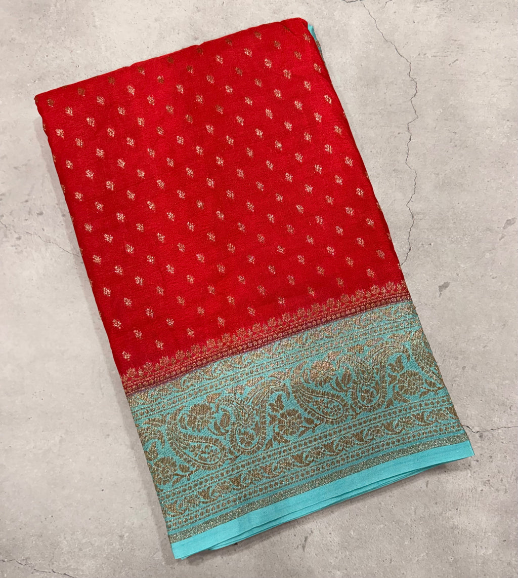 Red pure Banarasi crepe chiffon 107 with antique zari saree