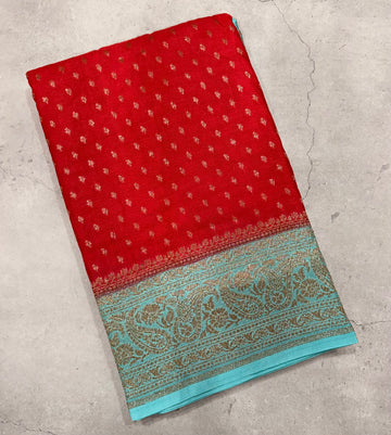Red pure Banarasi crepe chiffon 107 with antique zari saree
