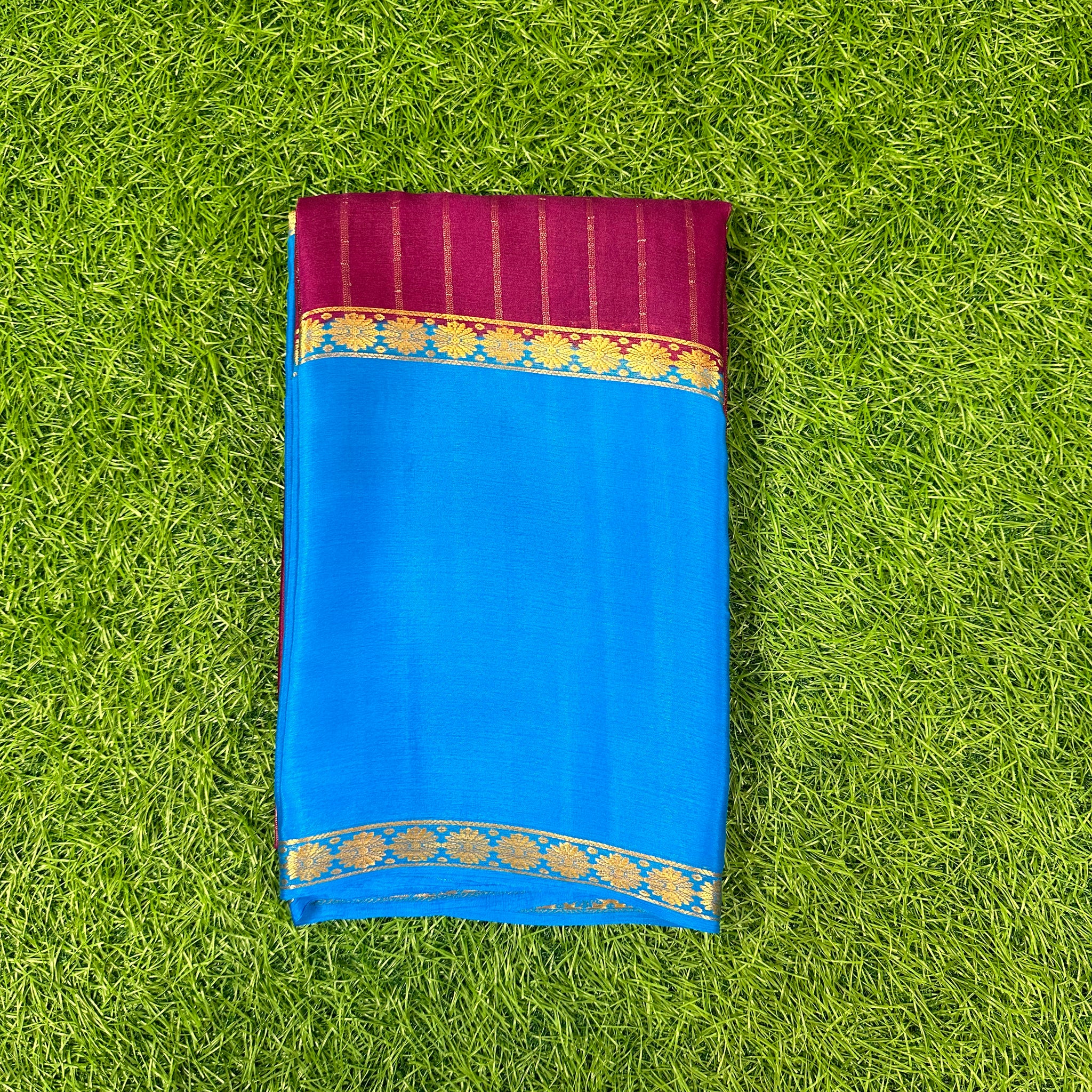 Maroon with blue pure wrinkle crepe with vertical stripes blouse.