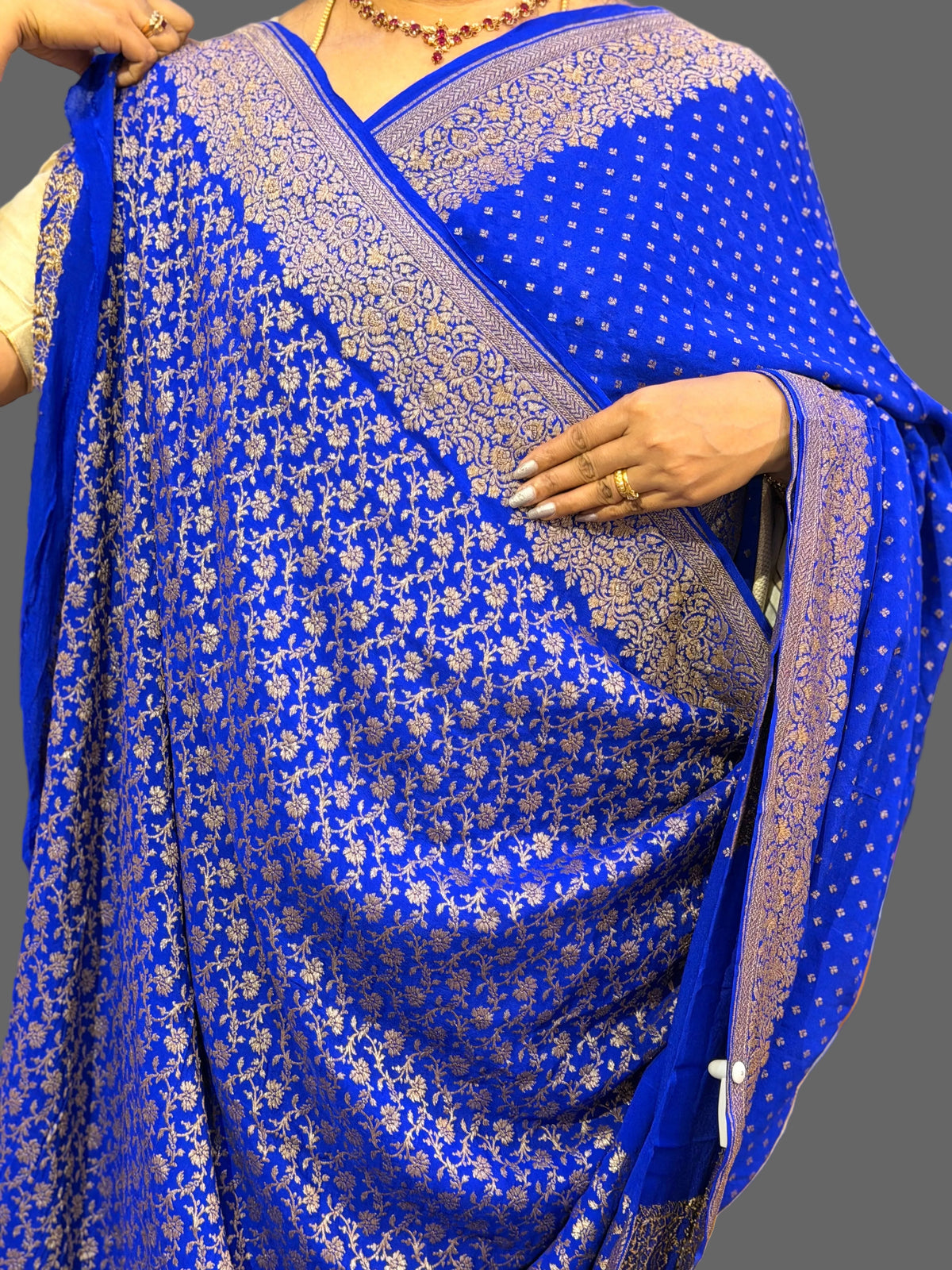 Royal blue mango border pure benarasi crepe silk saree
