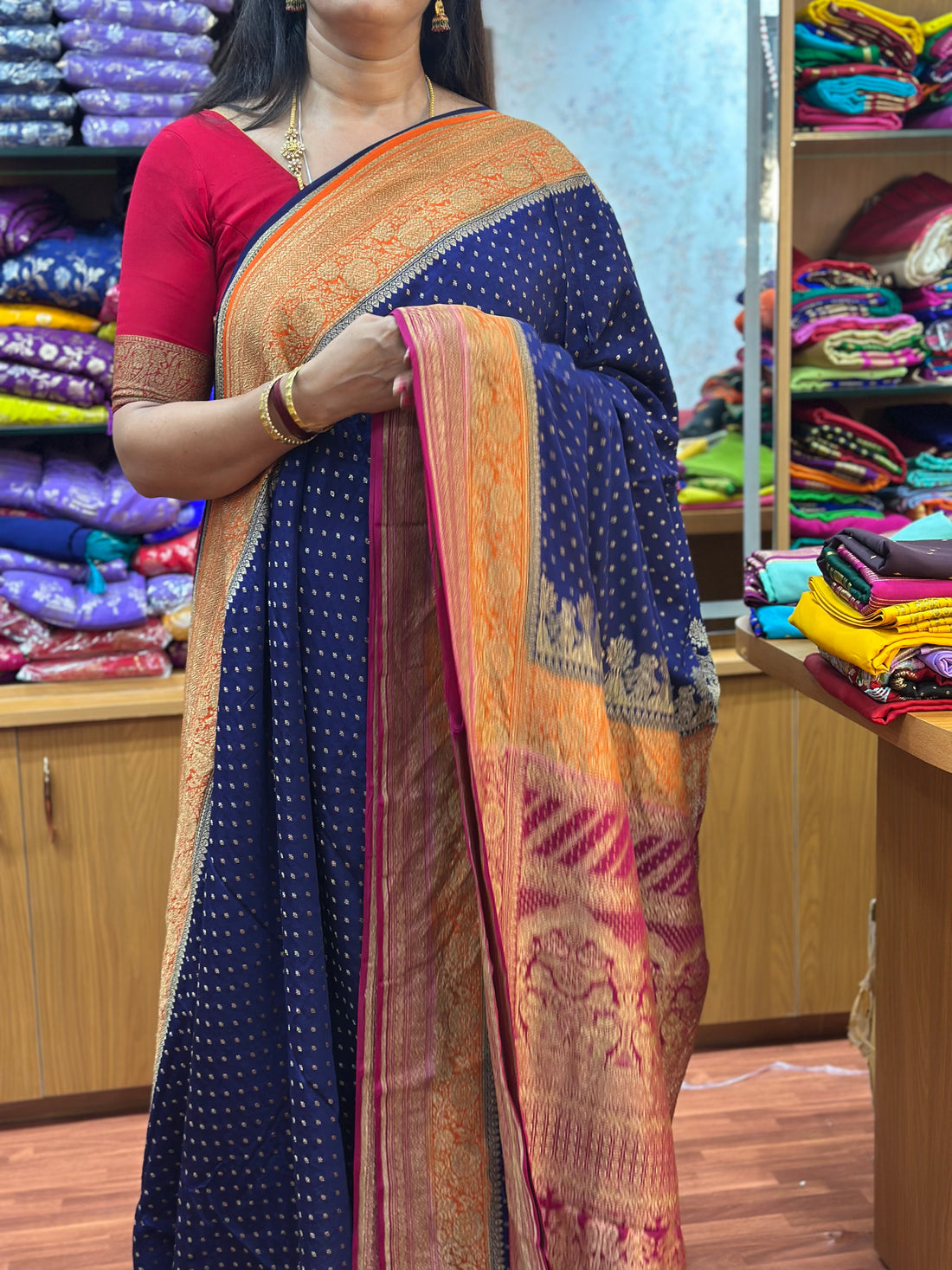 Blue with pink pure crepe Banaras with brocade blouse