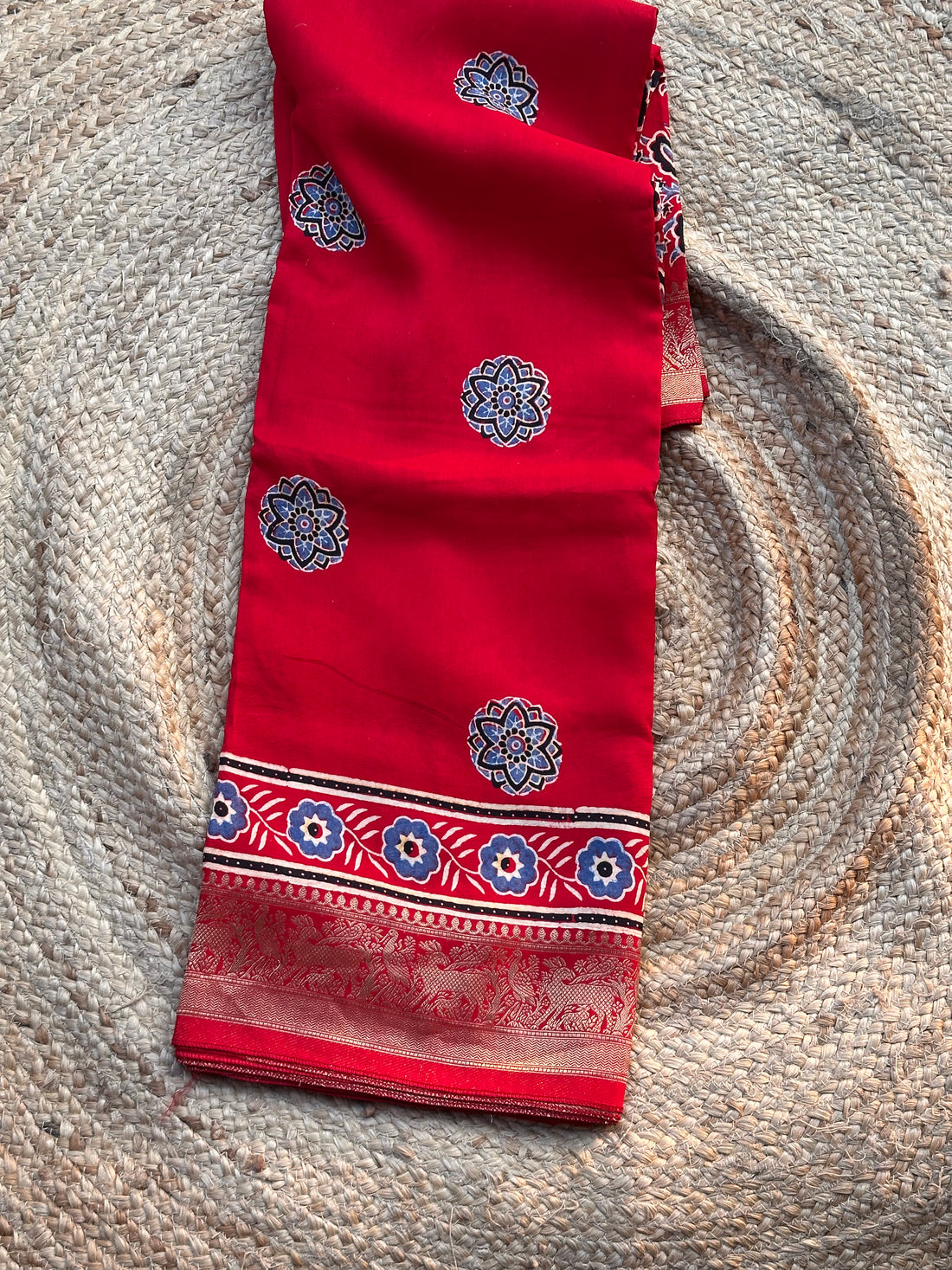 Hot red pure Ajrak dola silk sarees