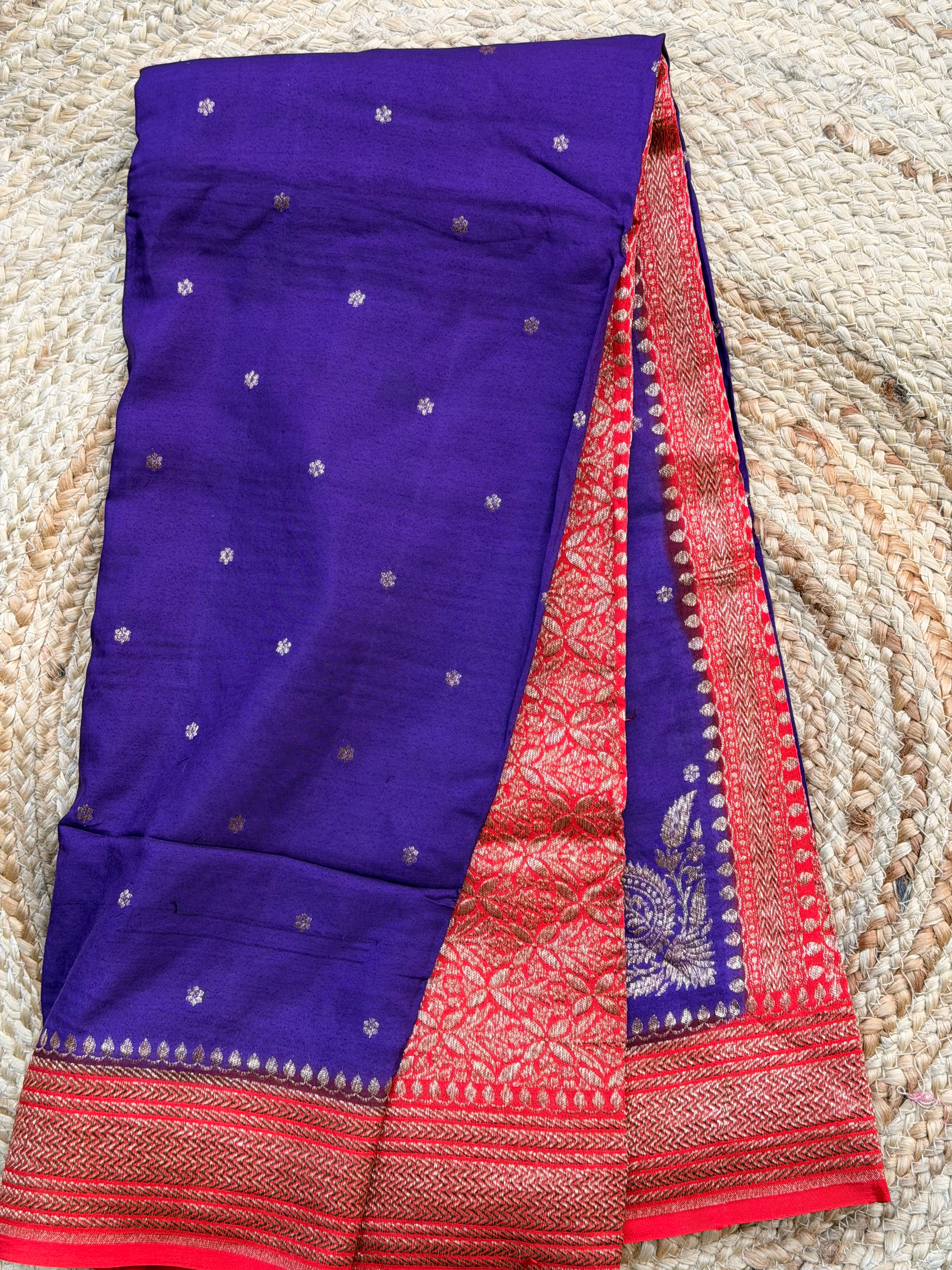 Purple with red Banarasi crepe chiffon konia design