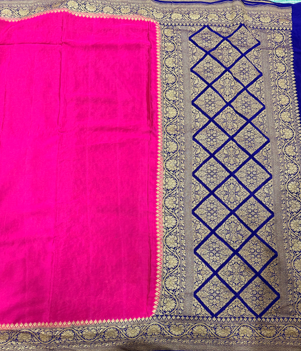 Rani pink n blue partly pallu pure benarasi crepe silk saree