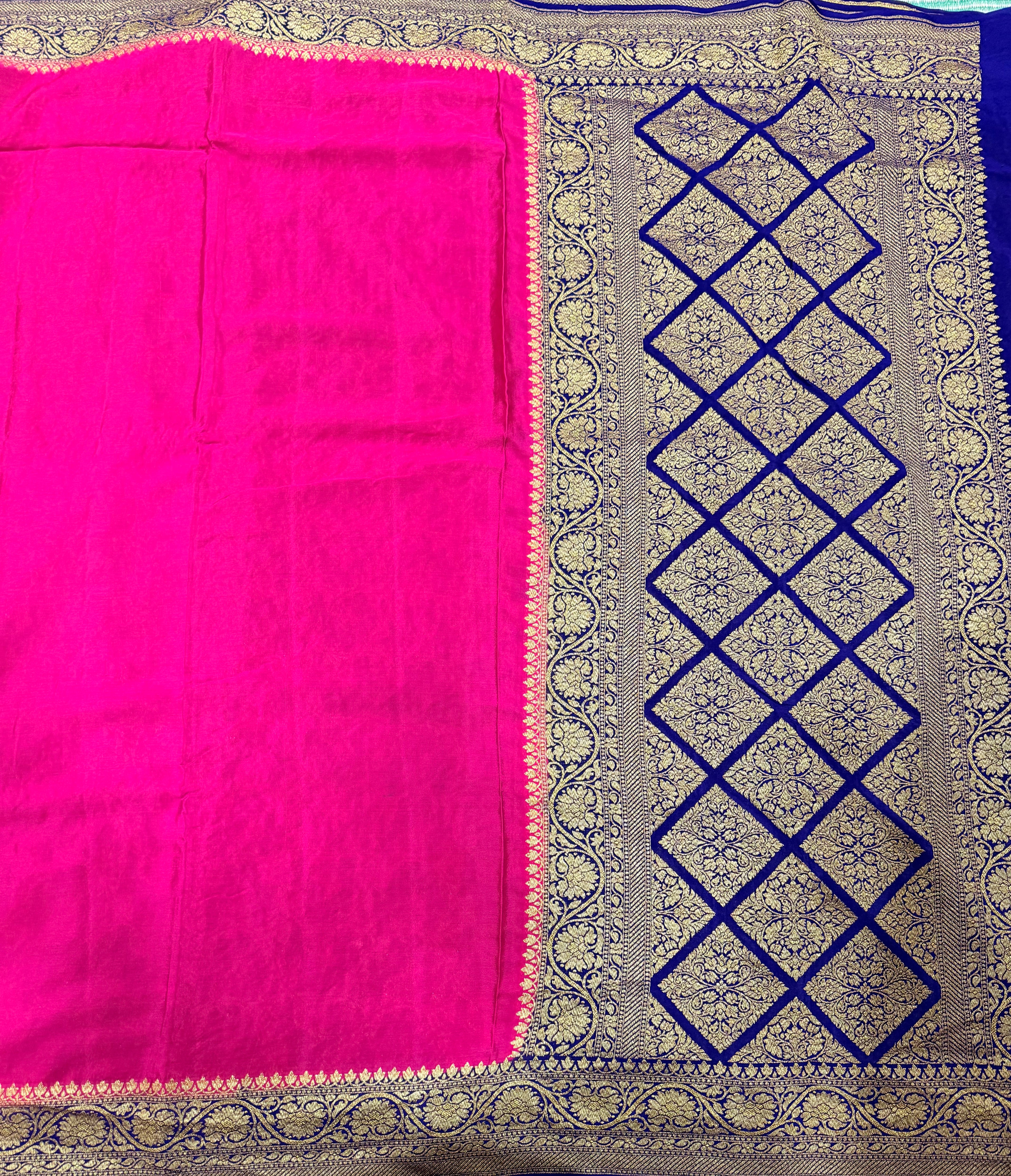 Rani pink n blue partly pallu pure benarasi crepe silk saree