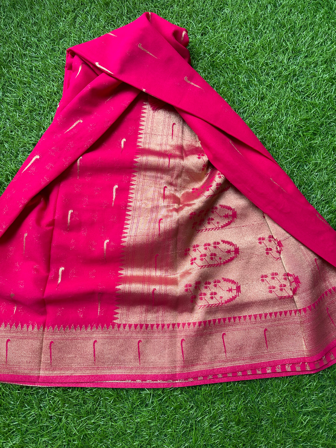 Rani pink premium georgette Paithani muniya border.