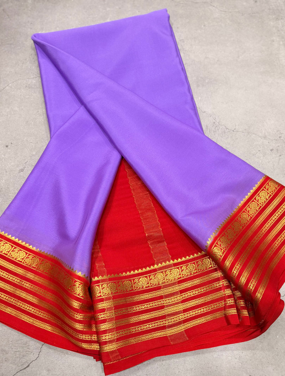 Lilac stripes border pure Mysore silk crepe saree