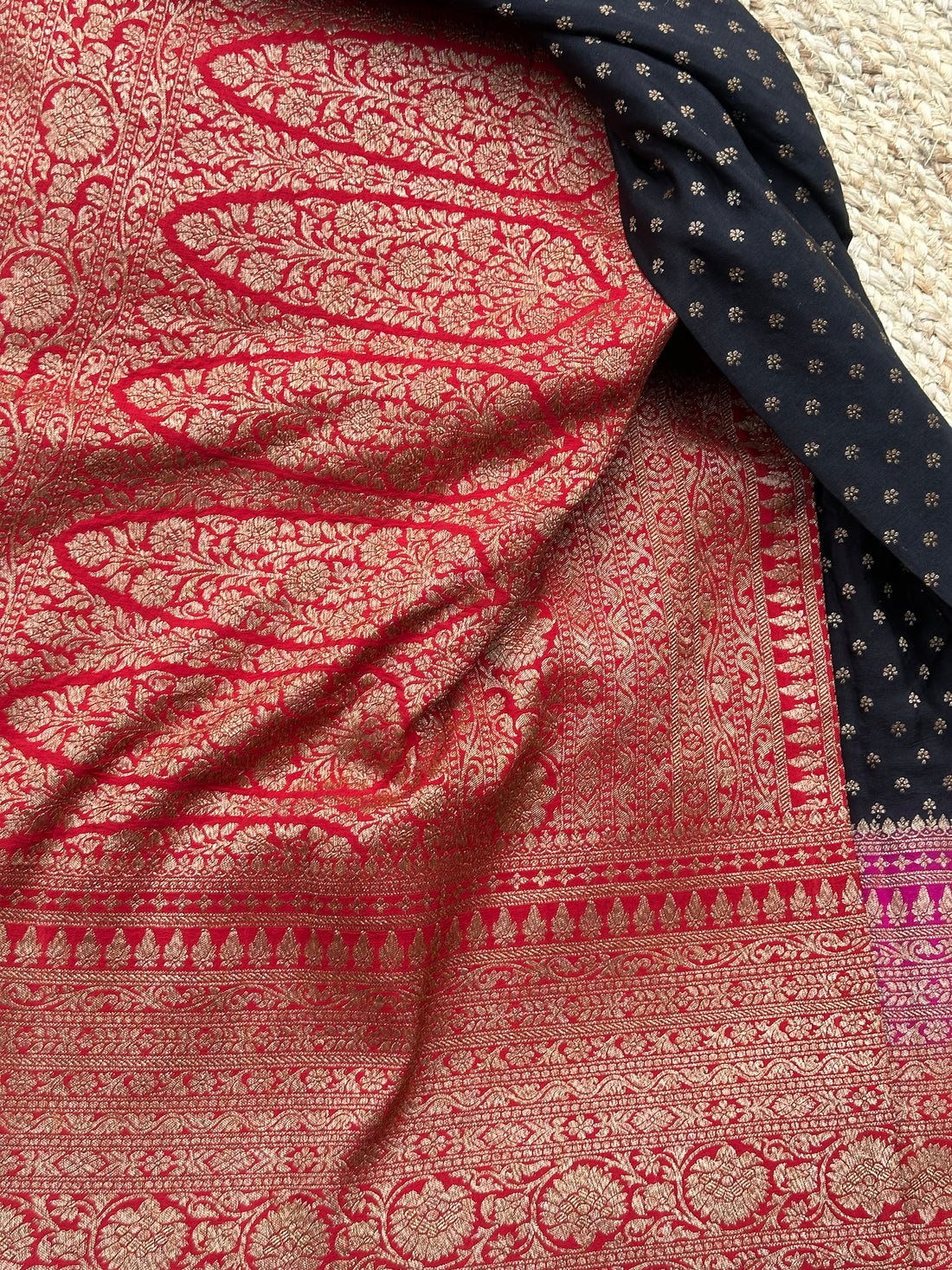 Black and red and pink 3D pure crepe Banaras sarees