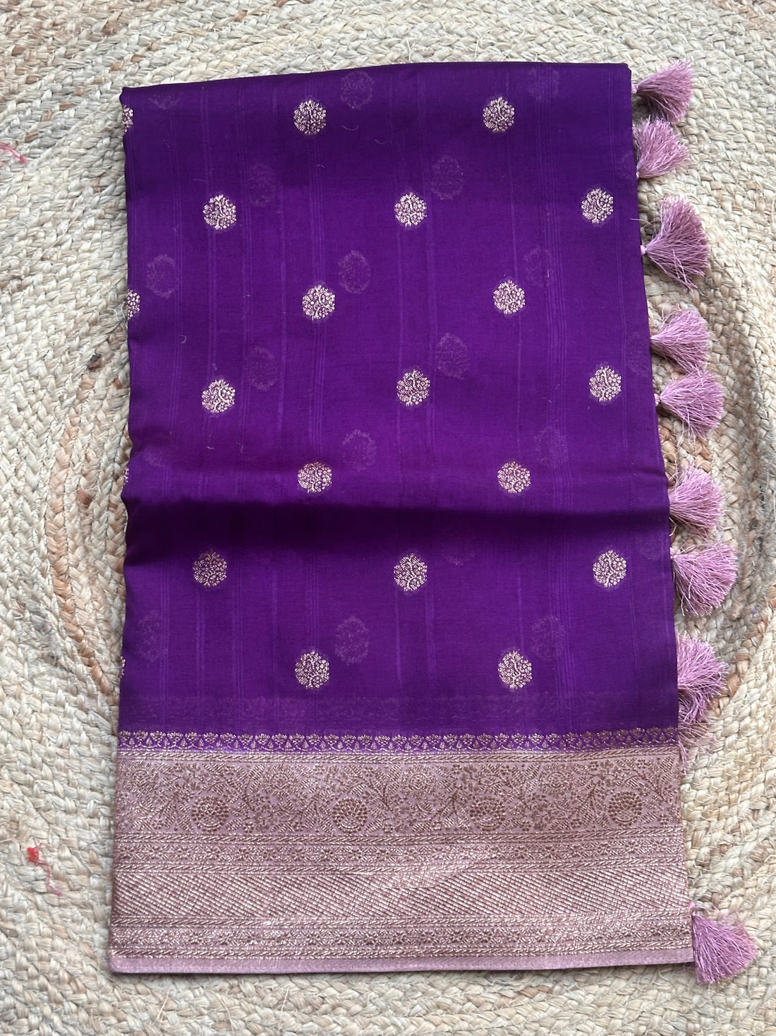 Deep purple and peach tusser silk saree