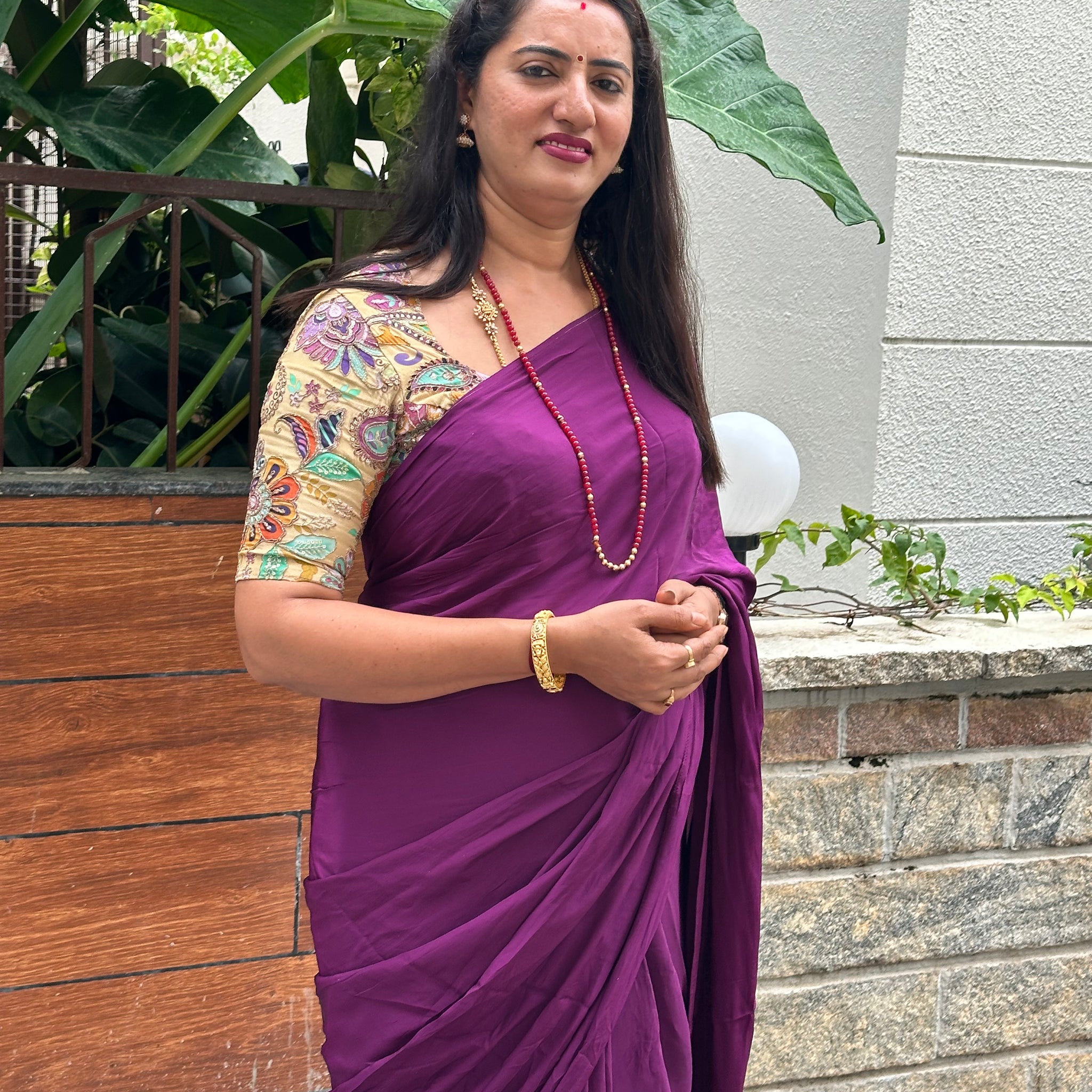 Brinjal purple pure crepe saree with brocade blouse