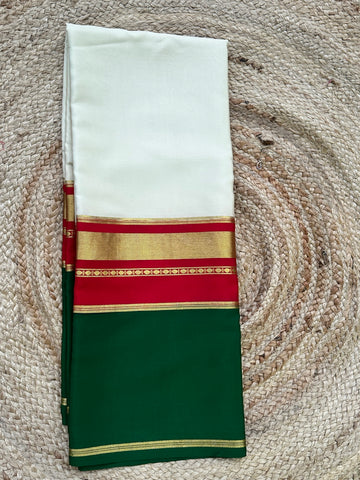 Half white red and green pure 3D crepe Mysore Silk
