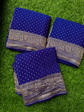 Royal blue pure Crape Banaras.