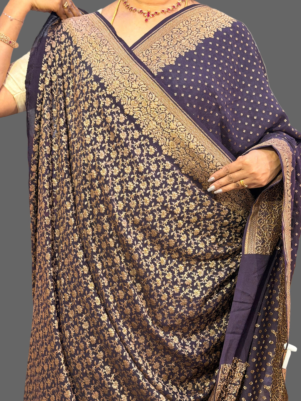 Dark navy blue mango border pure benarasi crepe silk saree