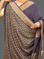 Dark navy blue mango border pure benarasi crepe silk saree