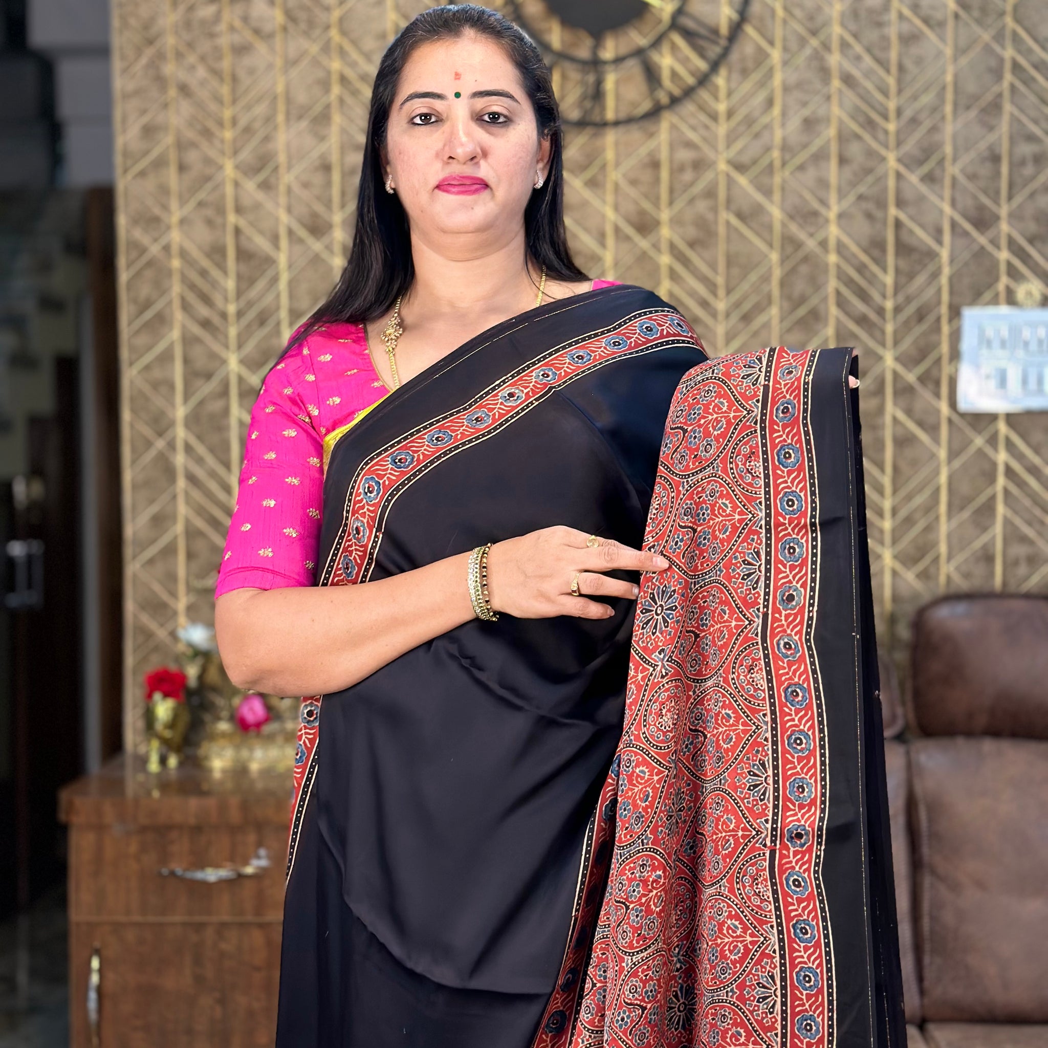 Black and red Ajrak print pure modal silk.