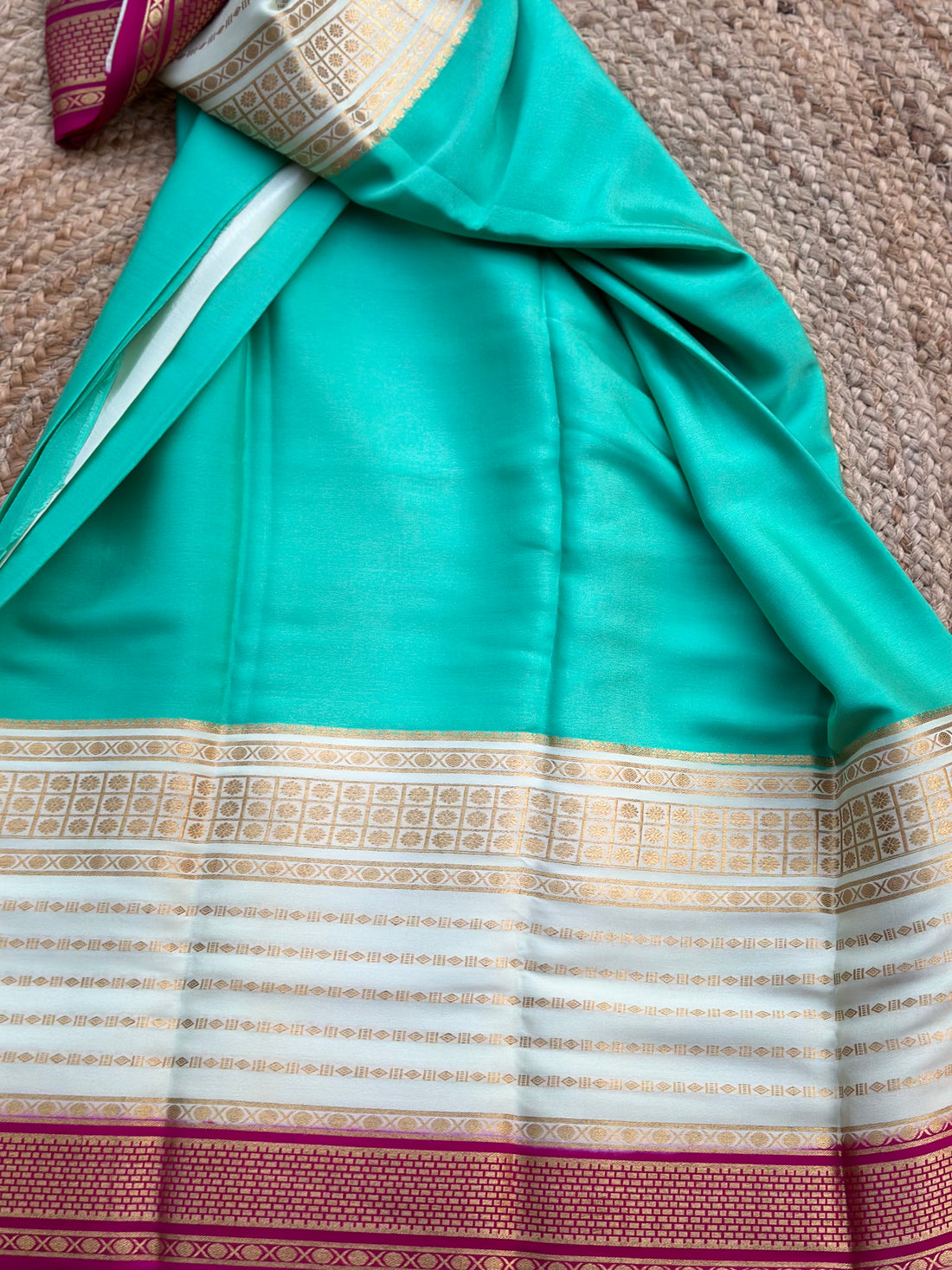 Teal blue with half white Pure crepeMysore Silk sarees 120 gsm