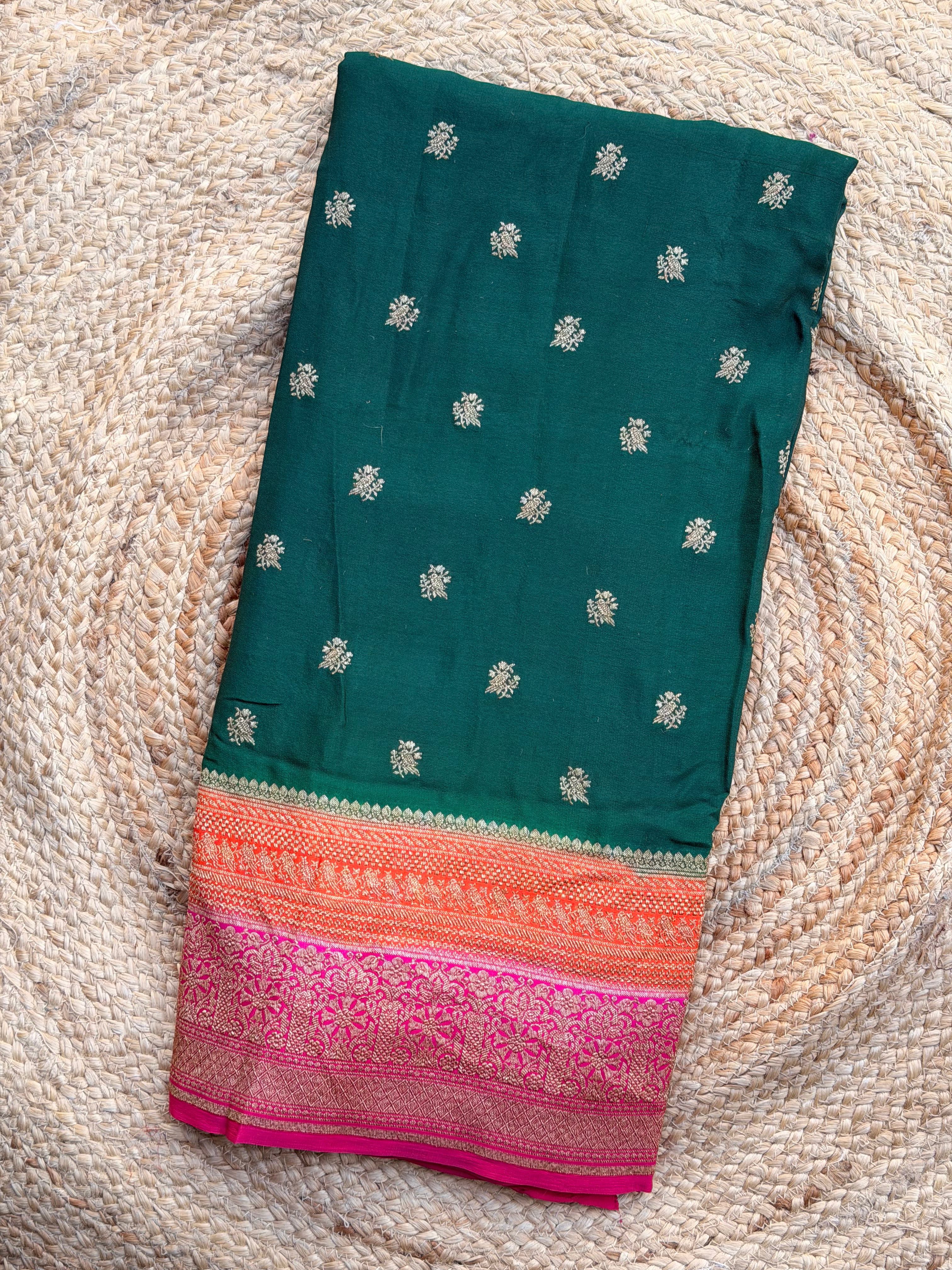 3D Green pink and orange pure crepe Banaras