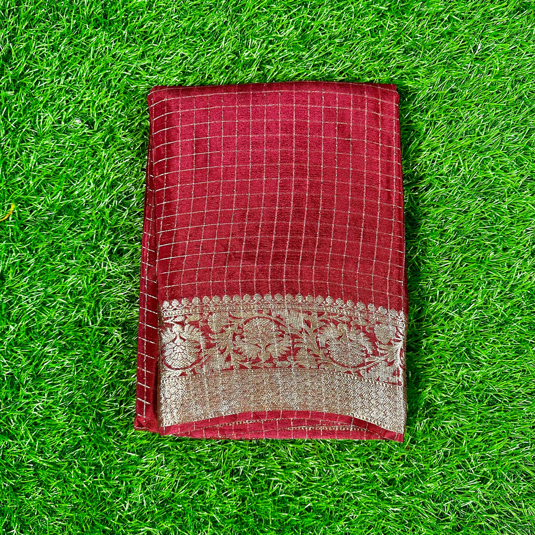 Maroon semi crepe in checks pattern