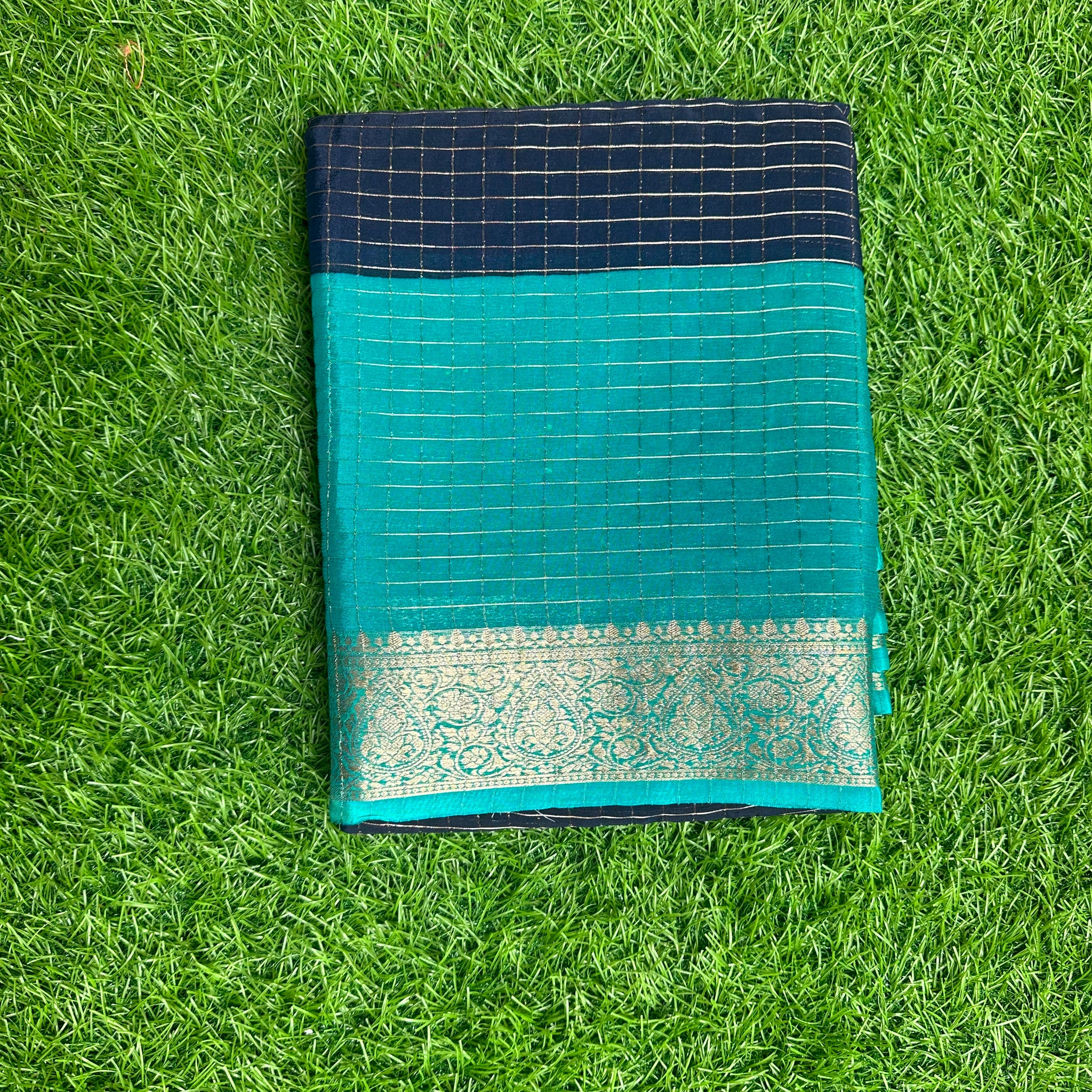 Semi crepe checks pattern black with Rama green