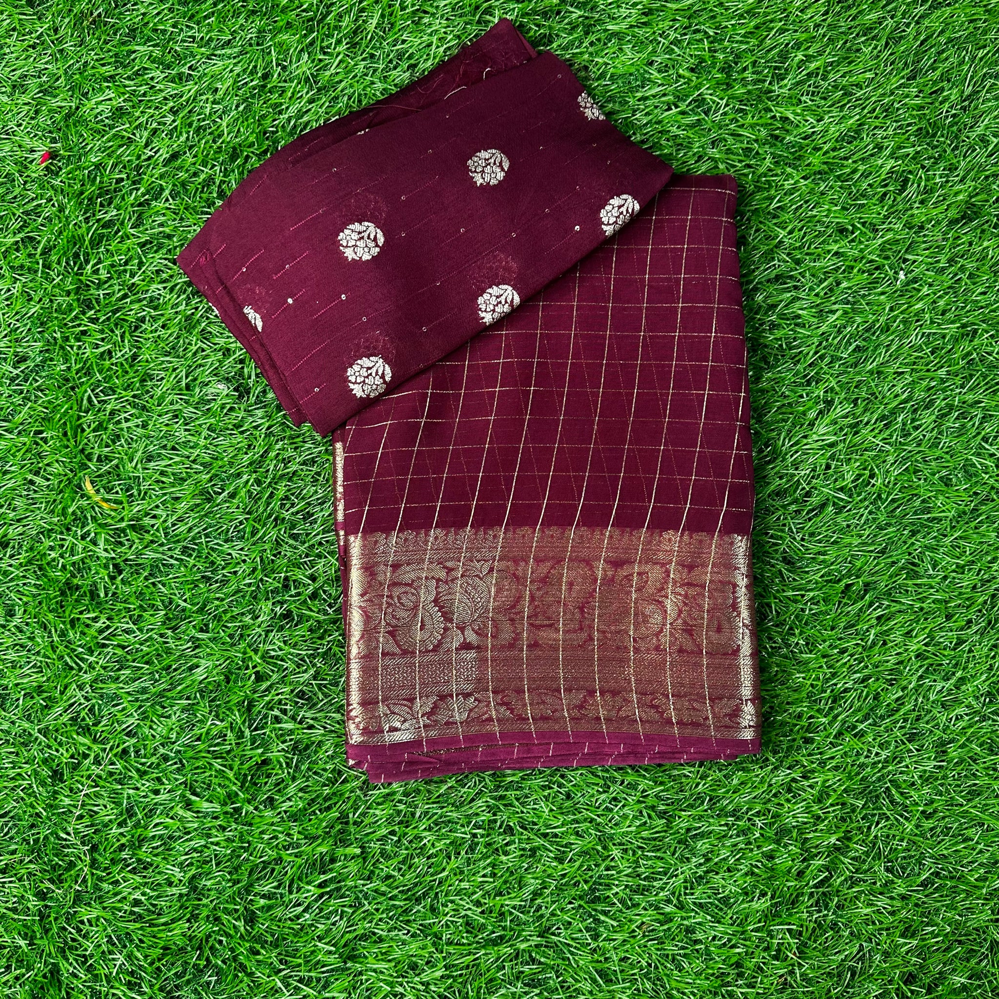 Maroon semi crepe in checks pattern