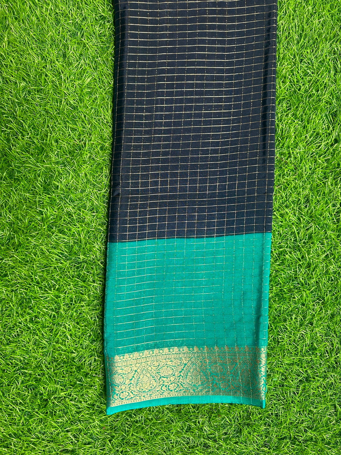 Semi crepe checks pattern black with Rama green