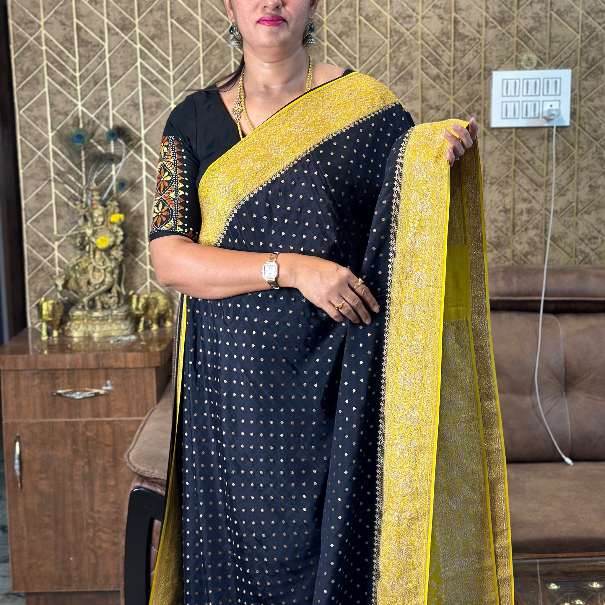 Black and mustard Pure crepe Banaras