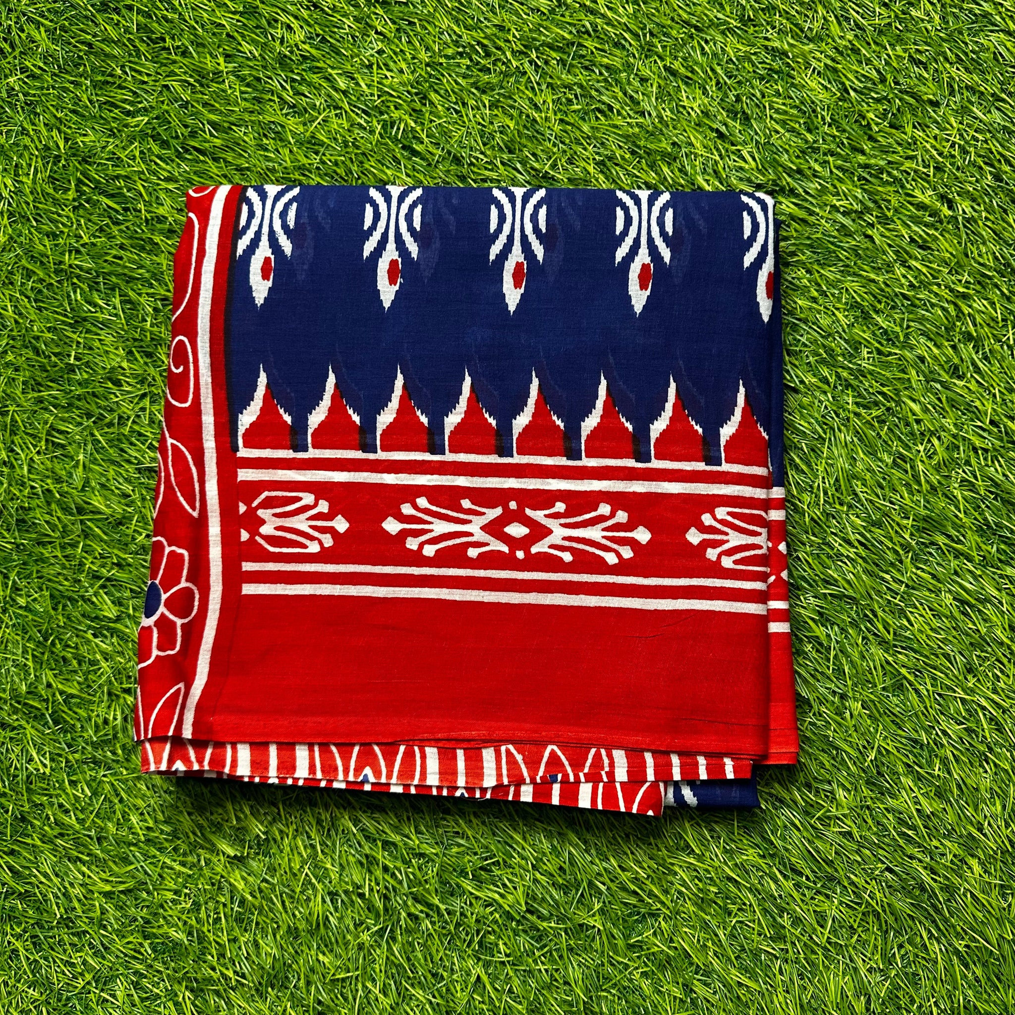 Blue and red mul cotton saree