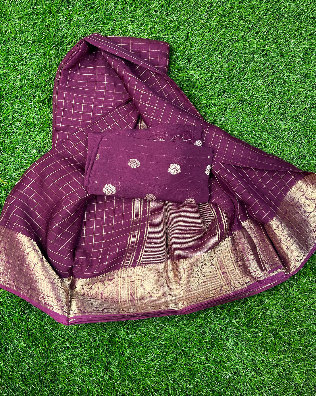 Maroon semi crepe in checks pattern