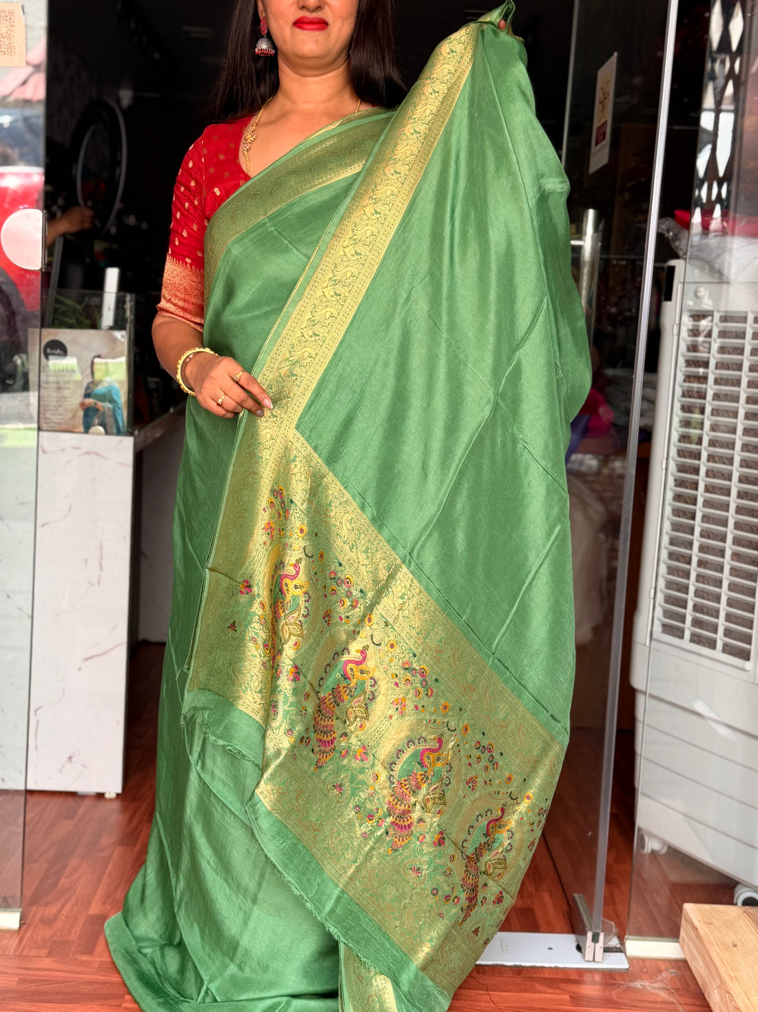 Mint green plain dola silk sarees