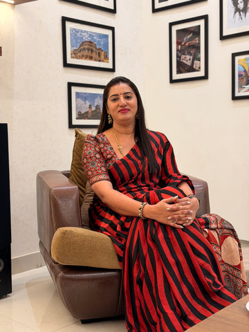 Pure modal Ajrak block prints red and black stripes with Ajrak blouse