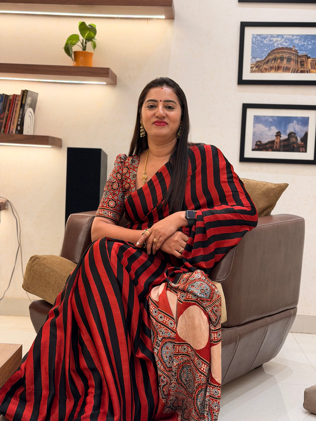 Pure modal Ajrak block prints red and black stripes with Ajrak blouse