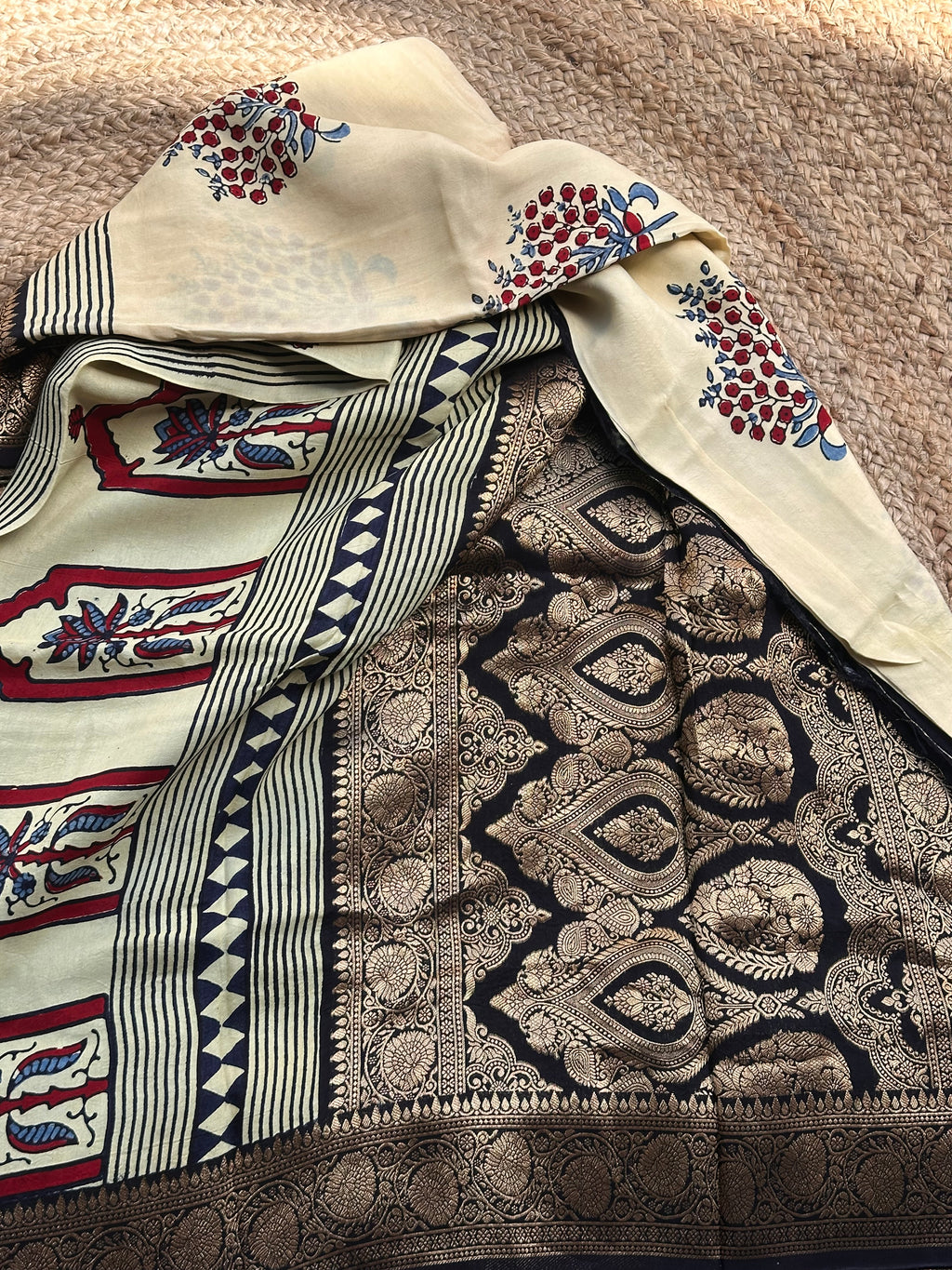 Half white and black pure Ajrak dola sarees
