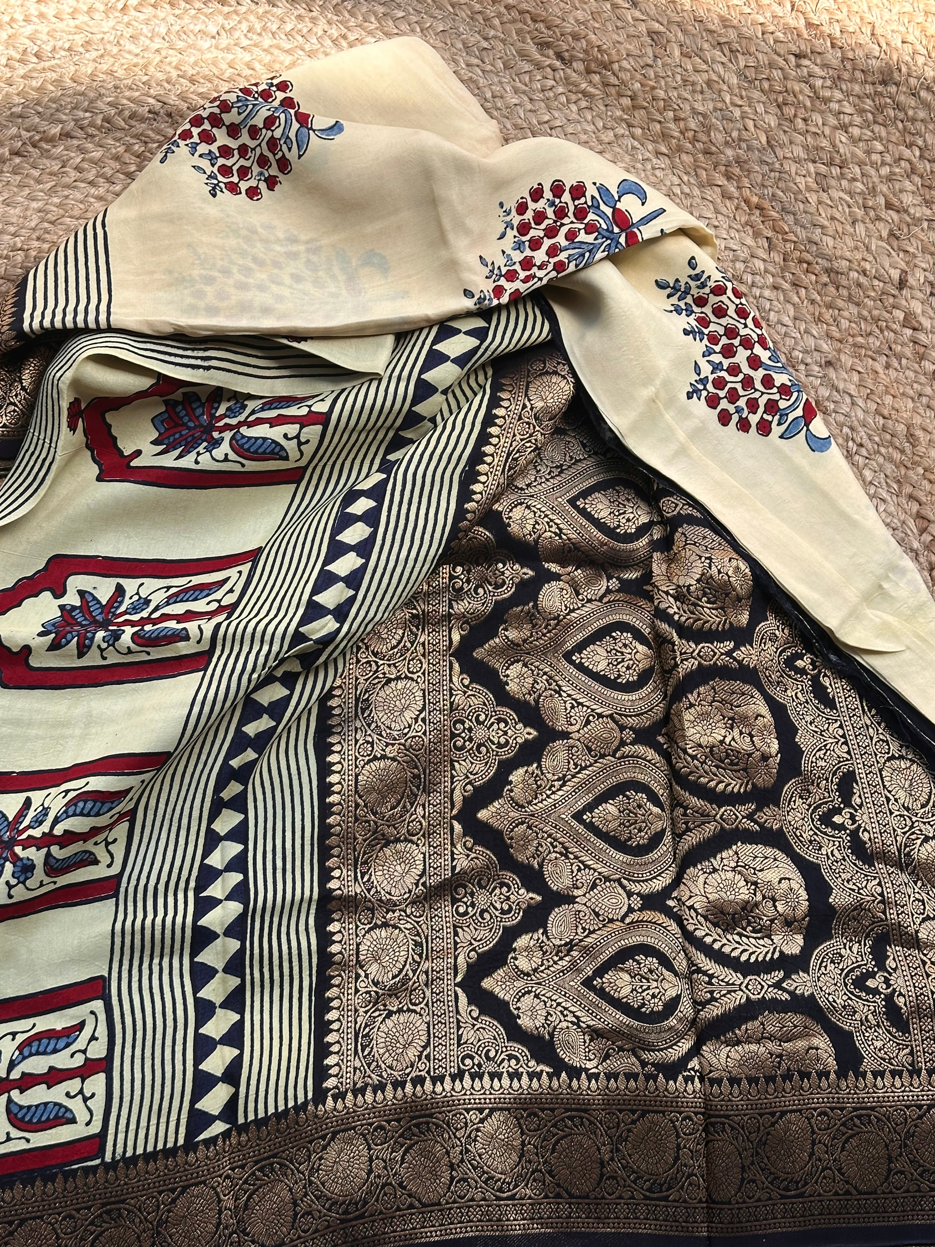 Half white and black pure Ajrak dola sarees