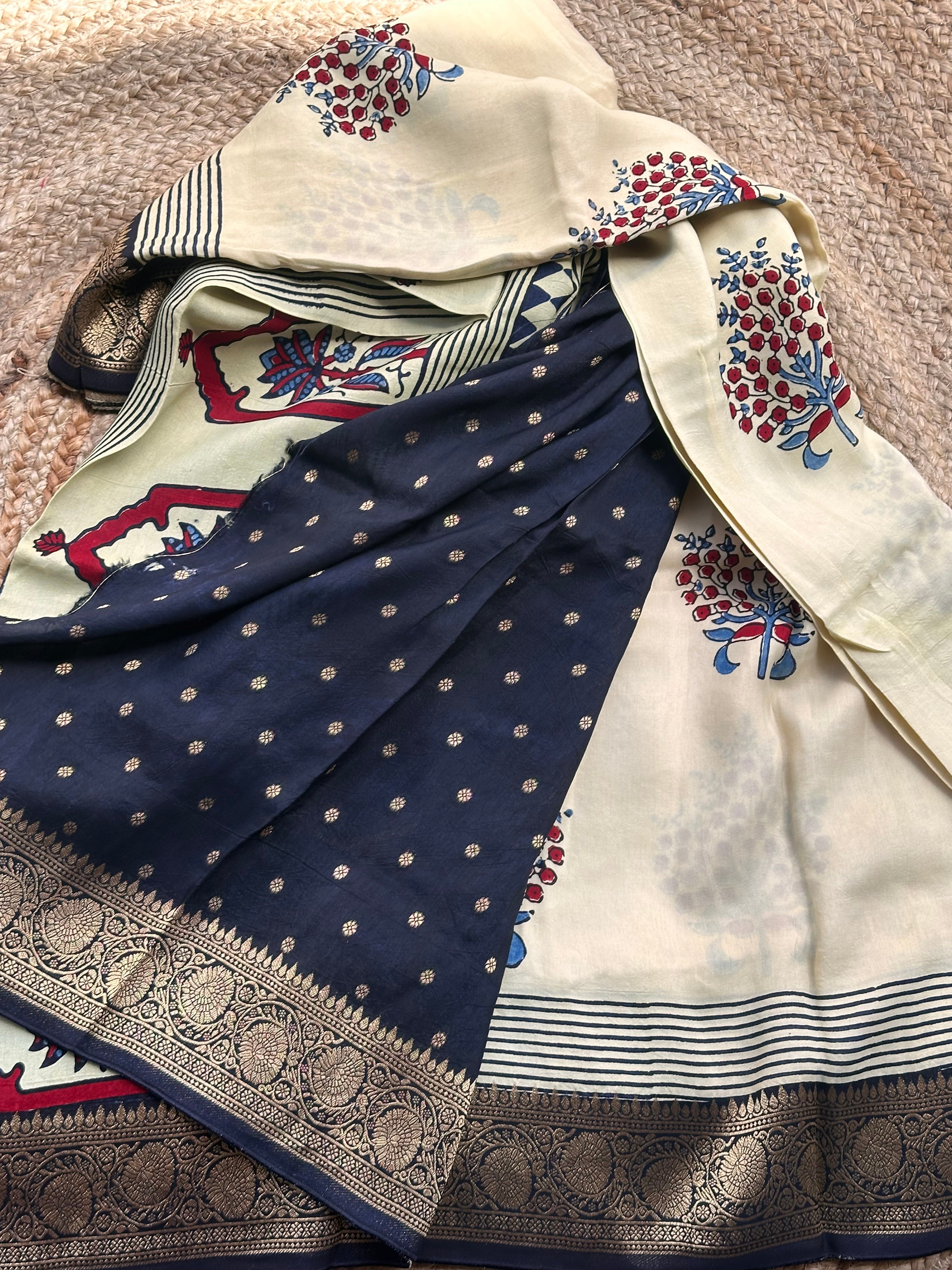 Half white and black pure Ajrak dola sarees