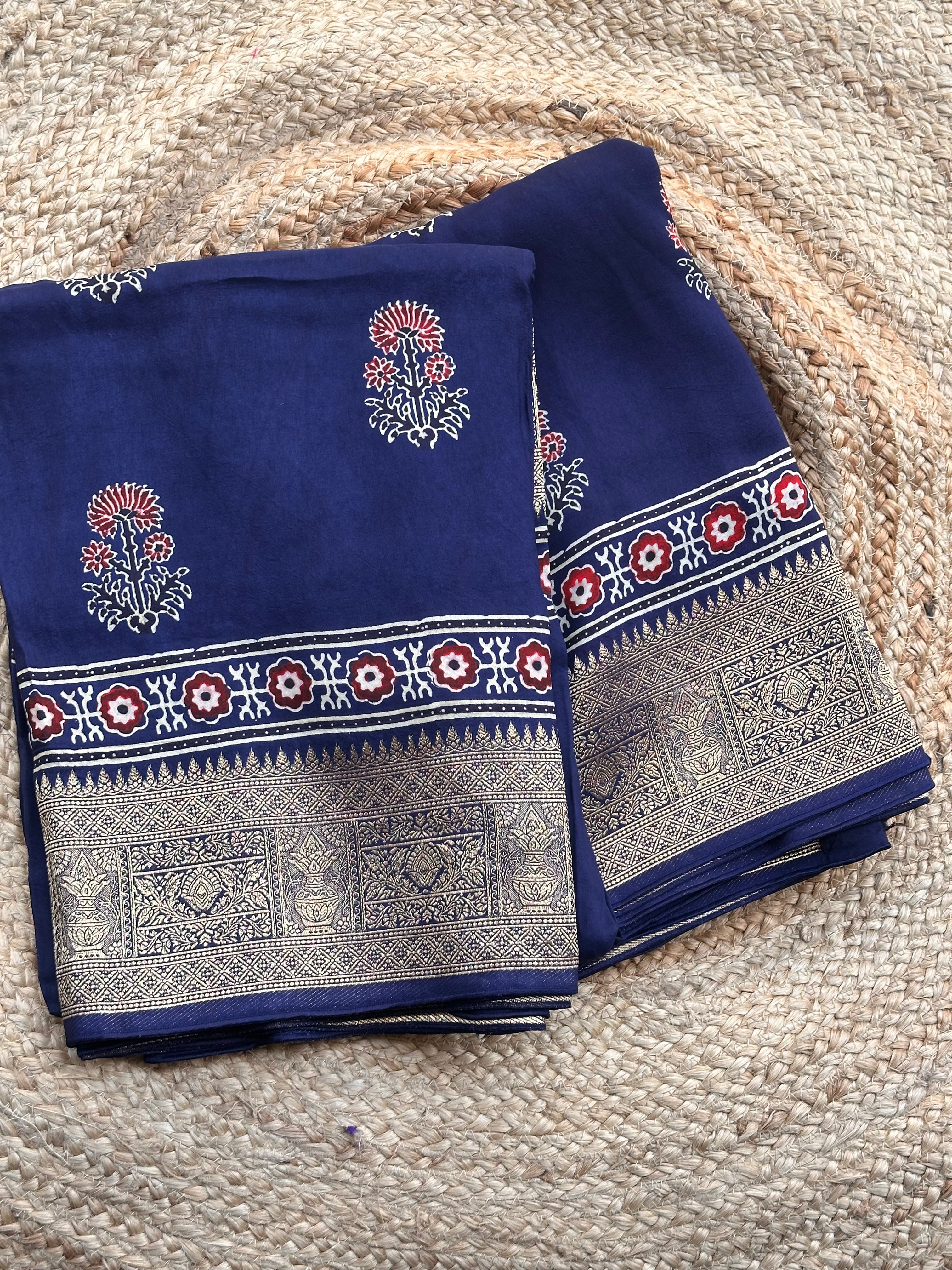 Deep blue pure Ajrak dola sarees