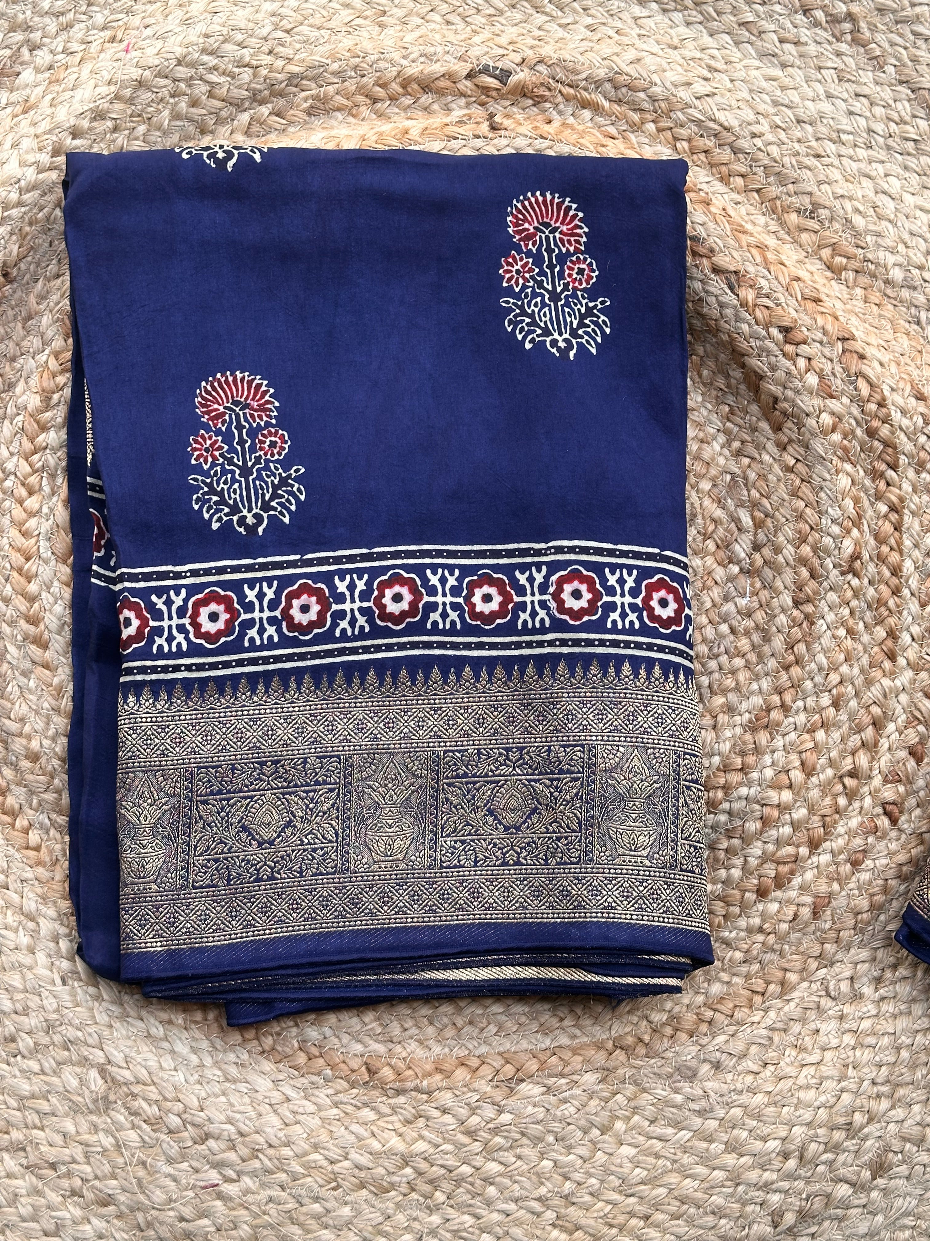 Deep blue pure Ajrak dola sarees