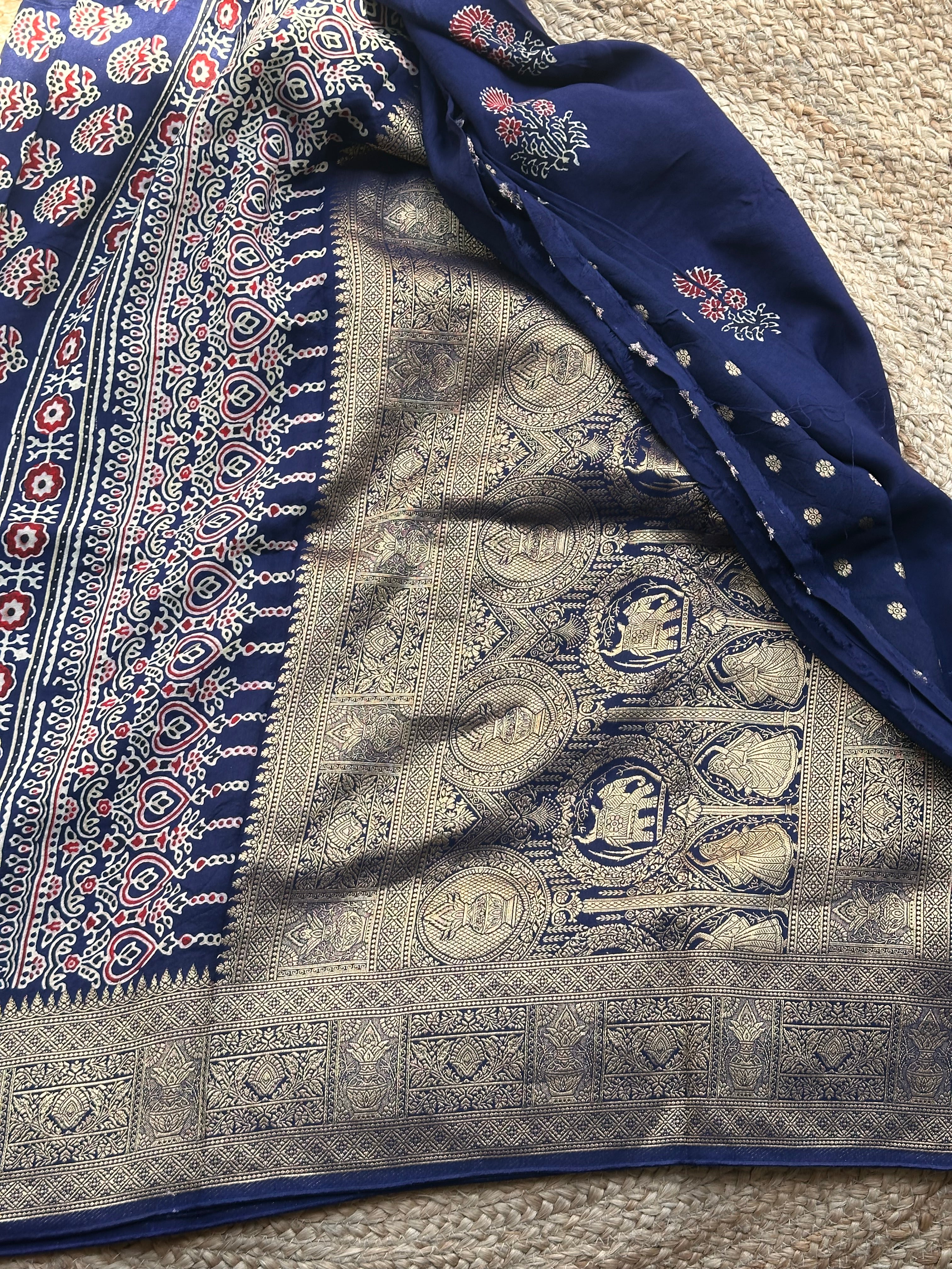 Deep blue pure Ajrak dola sarees