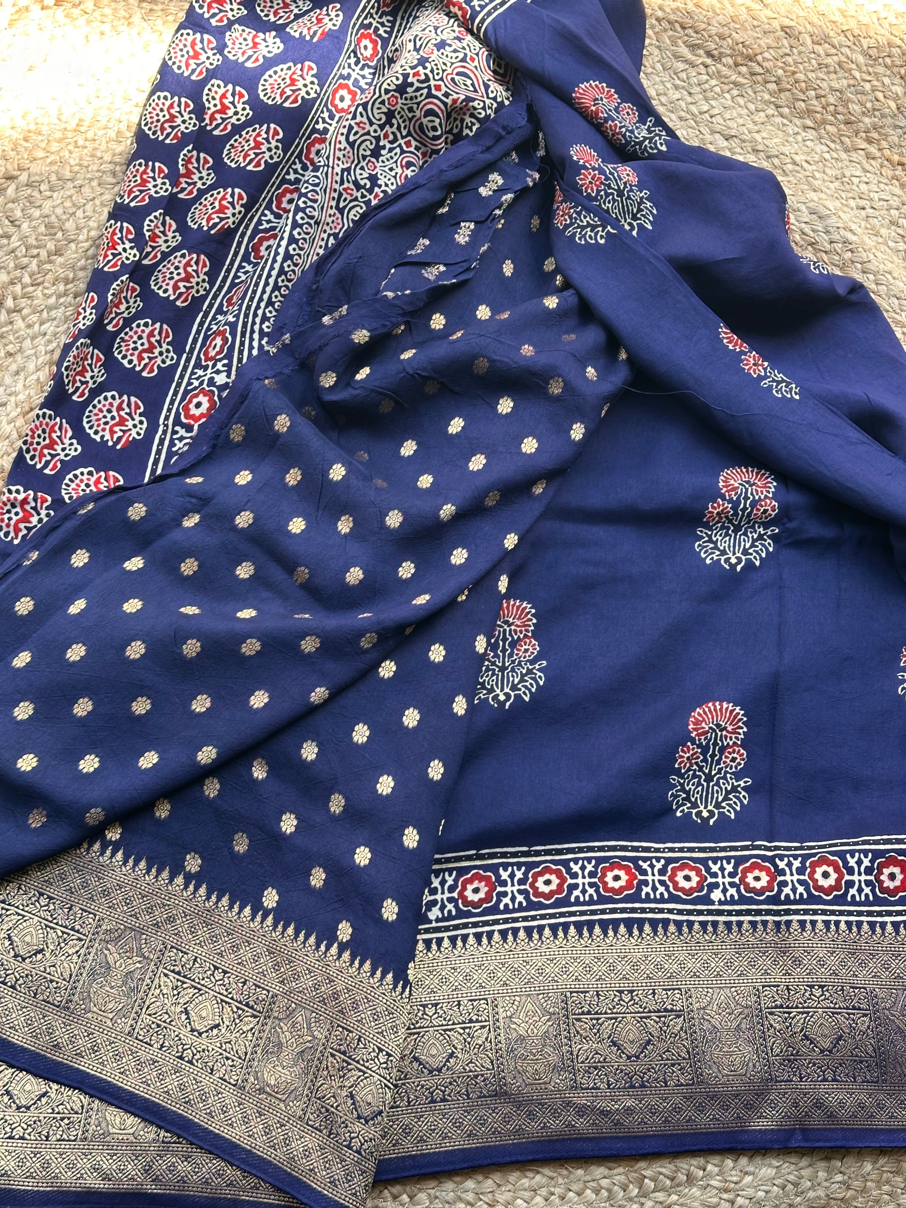 Deep blue pure Ajrak dola sarees