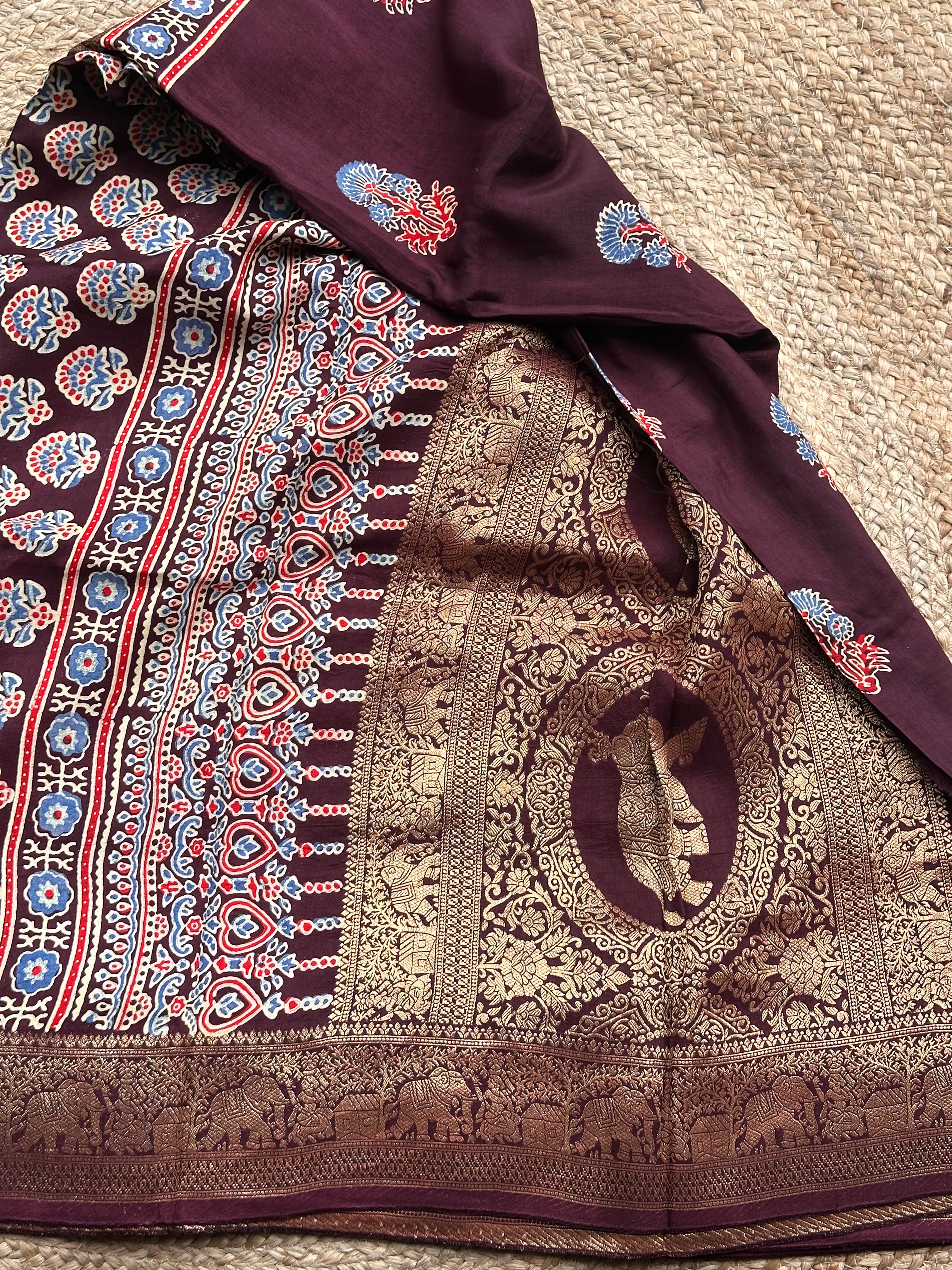 Deep brown pure Ajrak dola sarees