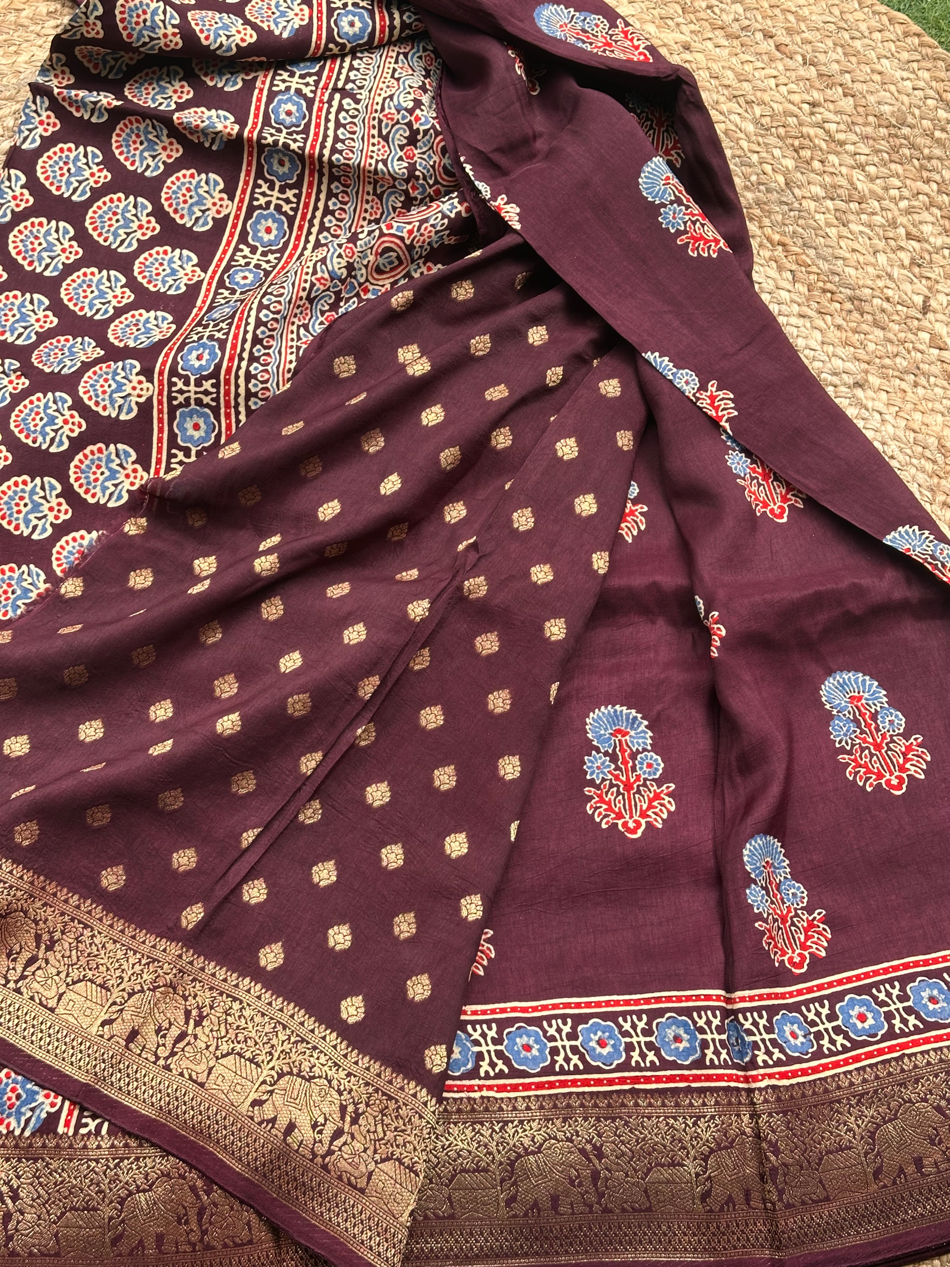 Deep brown pure Ajrak dola sarees